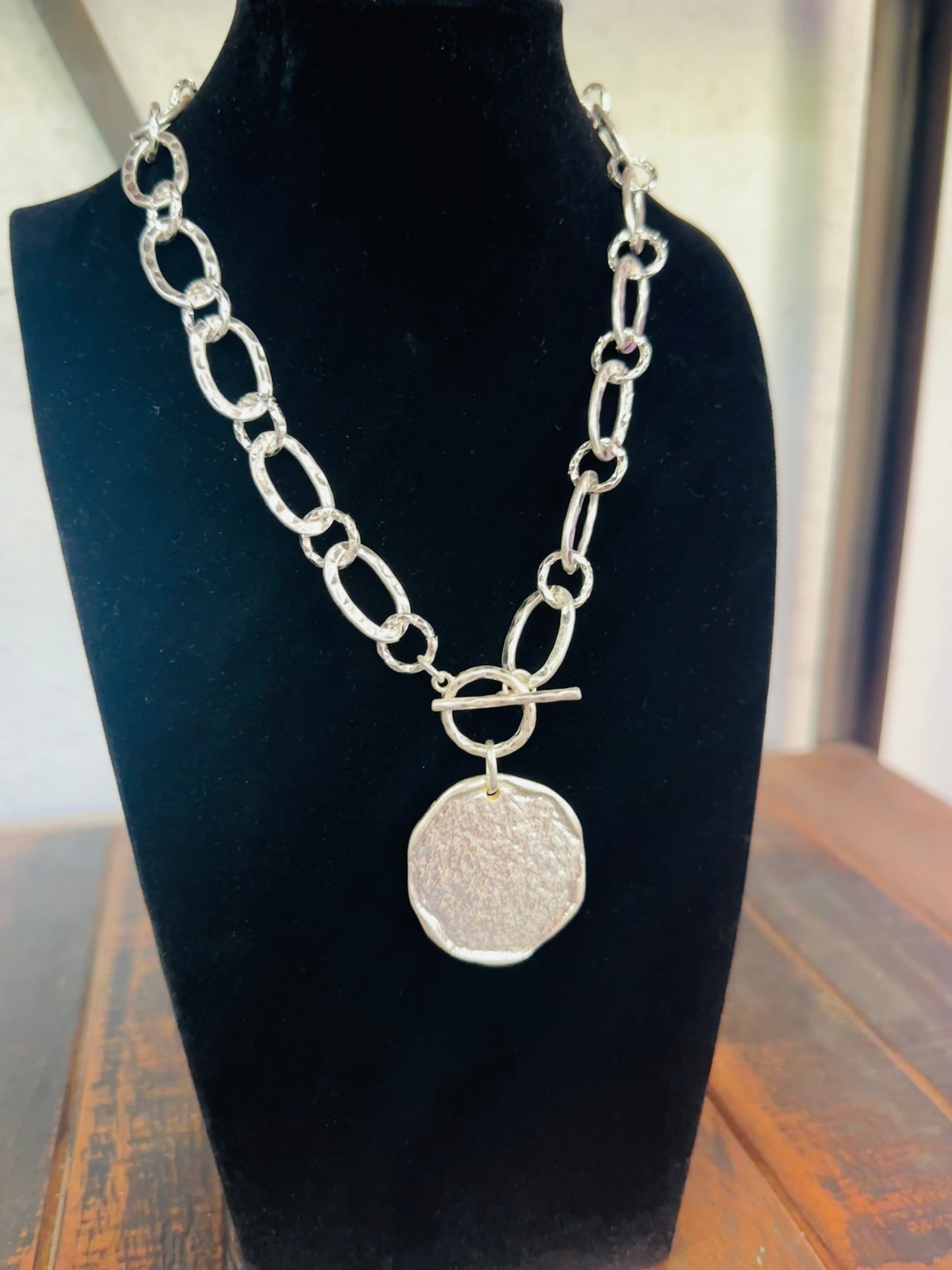 Silver Hammered Coin Charm Chain Necklace