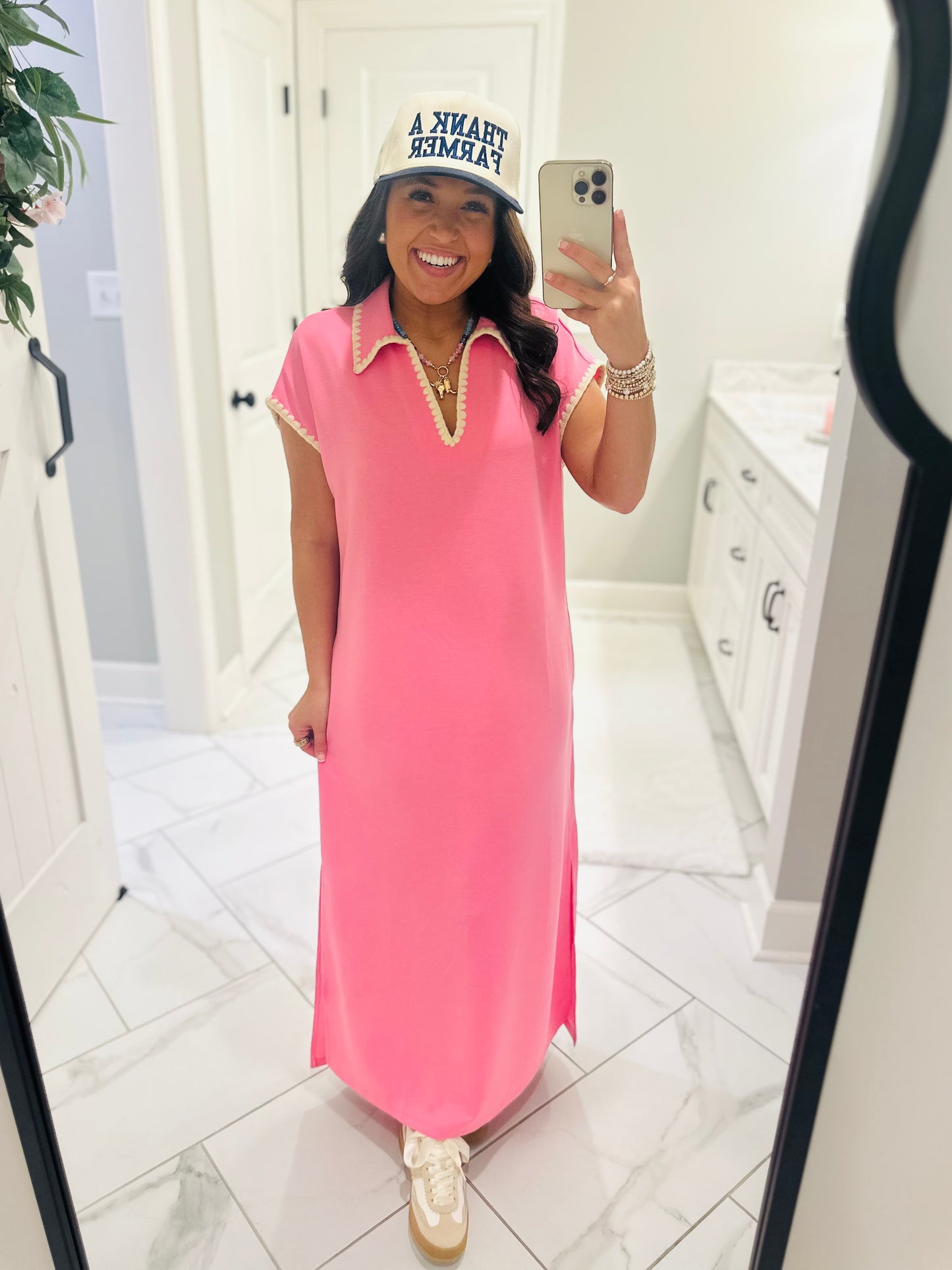 The Sarah Pink Collared Stitch Midi Dress
