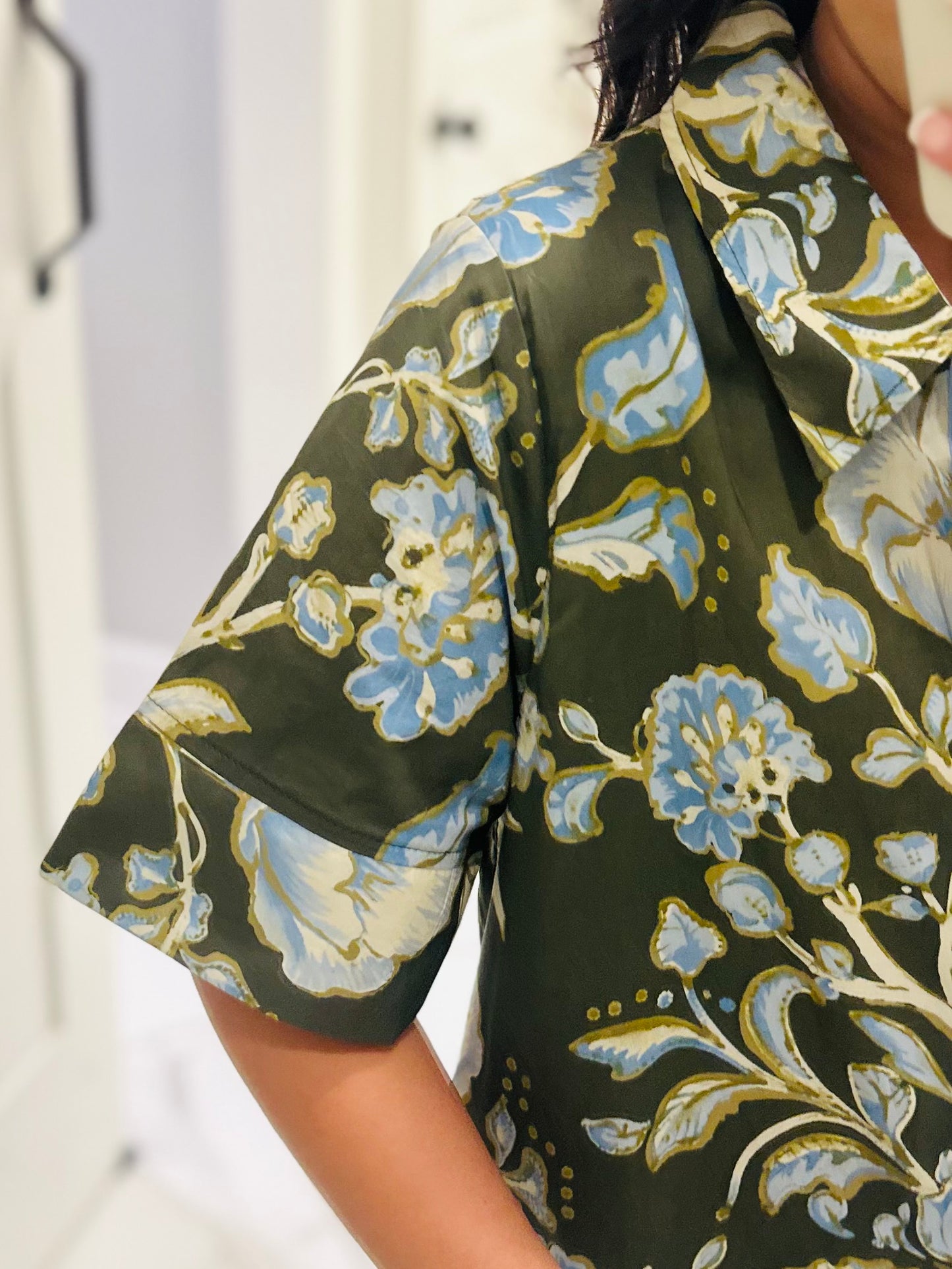 The Evie Olive Green + Blue Floral Midi Dress
