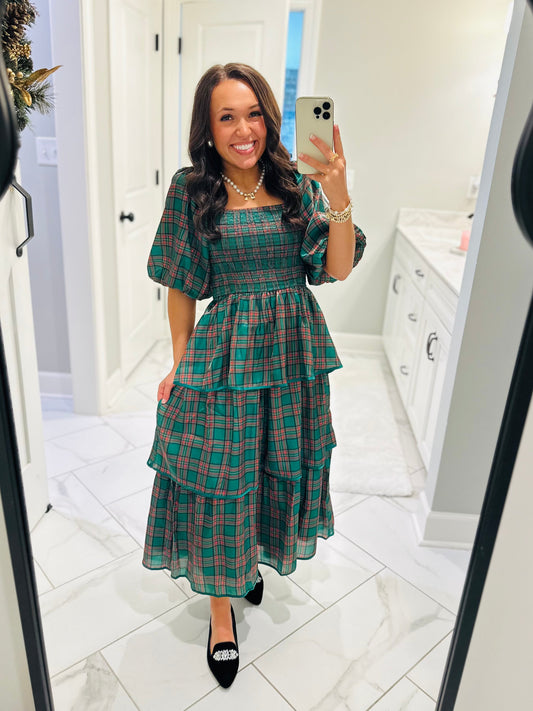 The Holly Green Christmas Plaid Tiered Midi Dress
