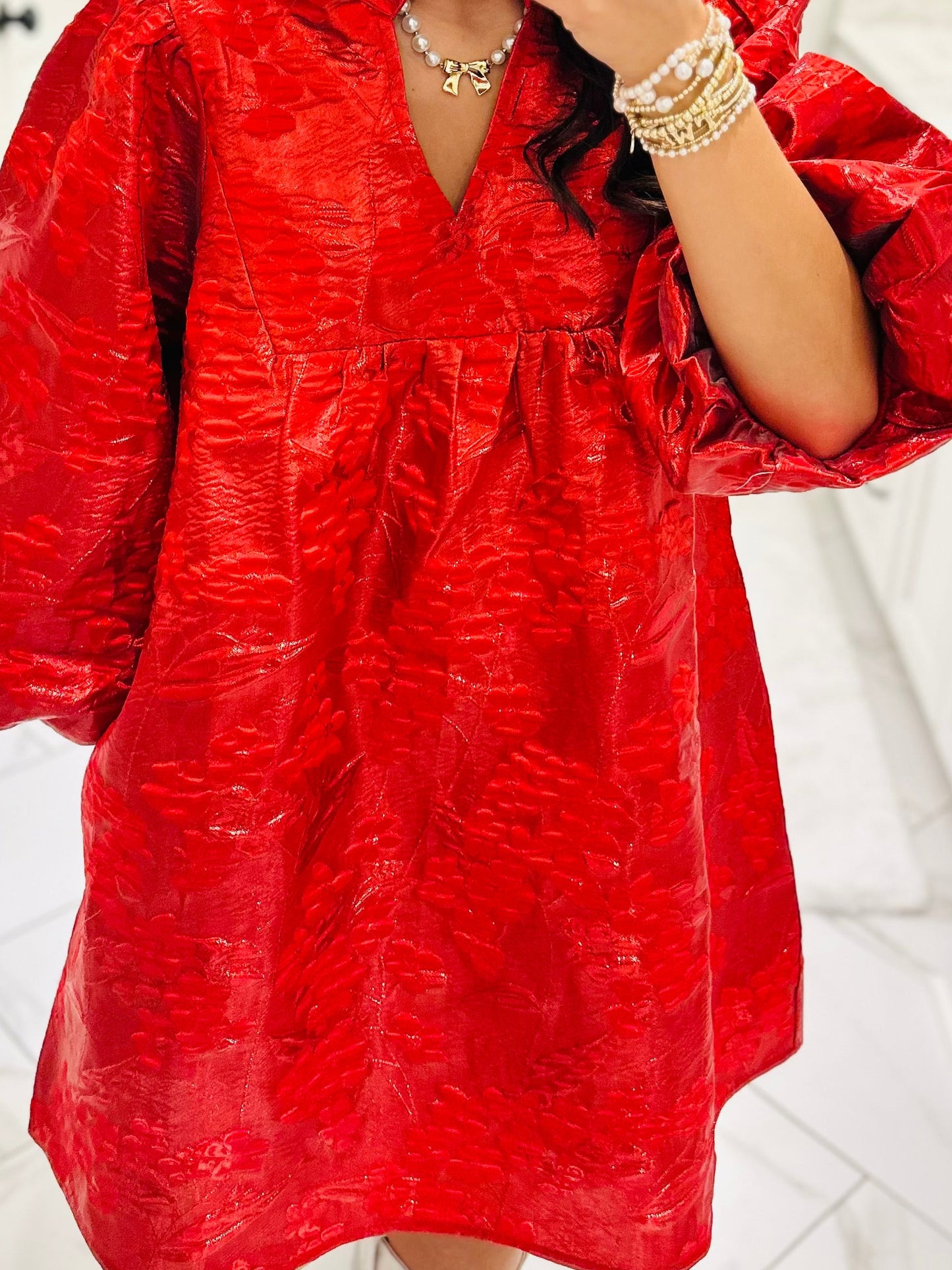 The Clara Red Jacquard Shimmer Dress