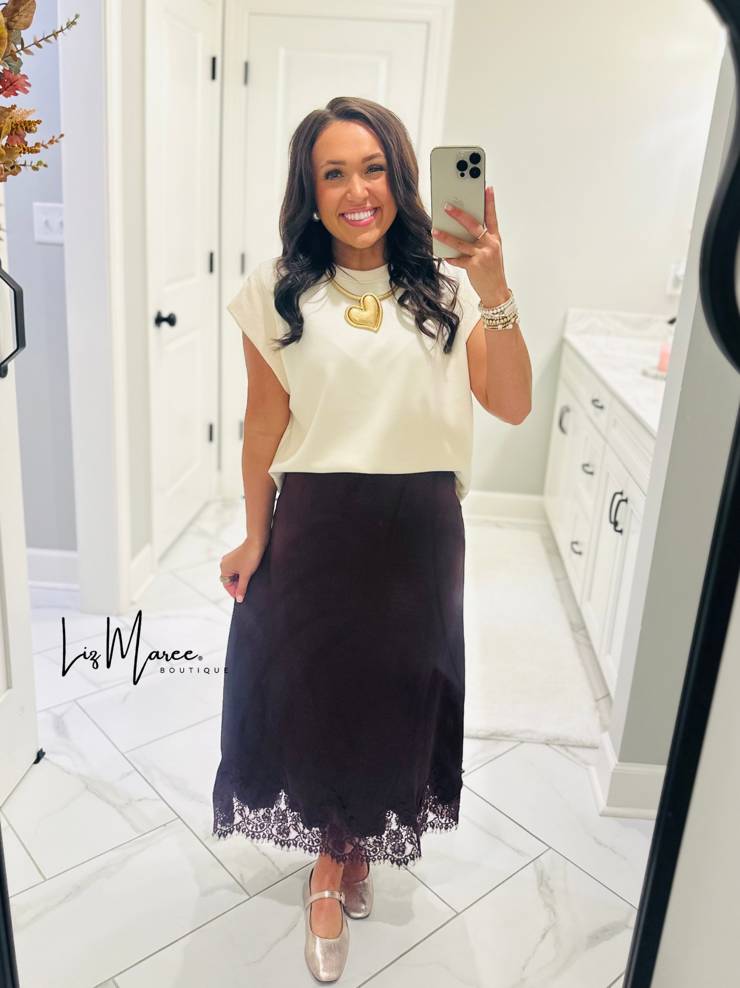 The Dallas Burgundy Satin Lace Midi Skirt