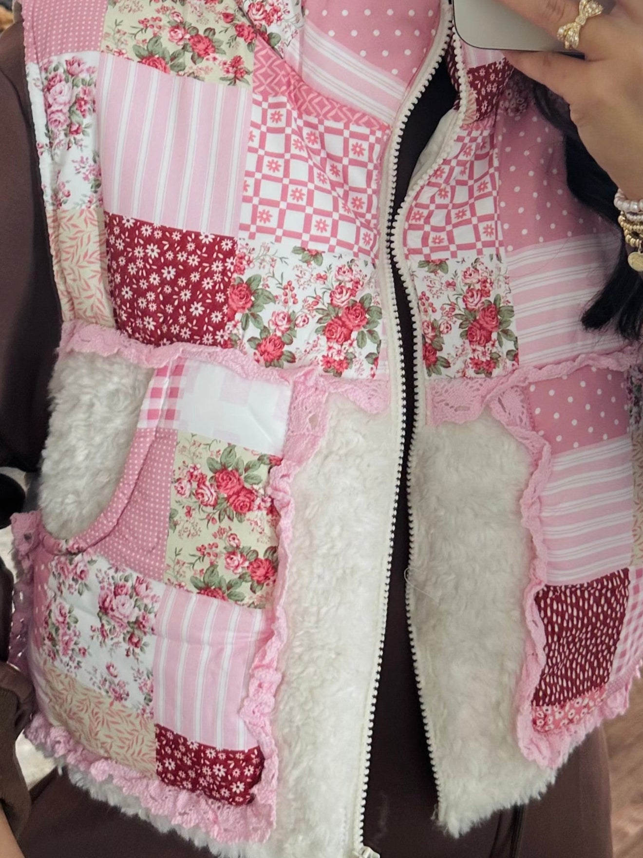 The Winnie Pink Patchwork Ruffle Sherpa Vest