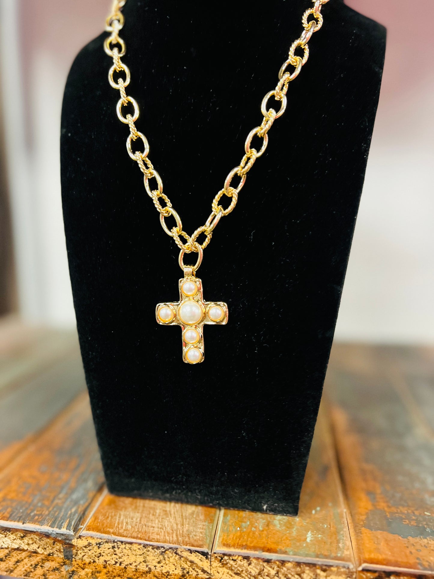 Gold Pave Pearl Cross Necklace