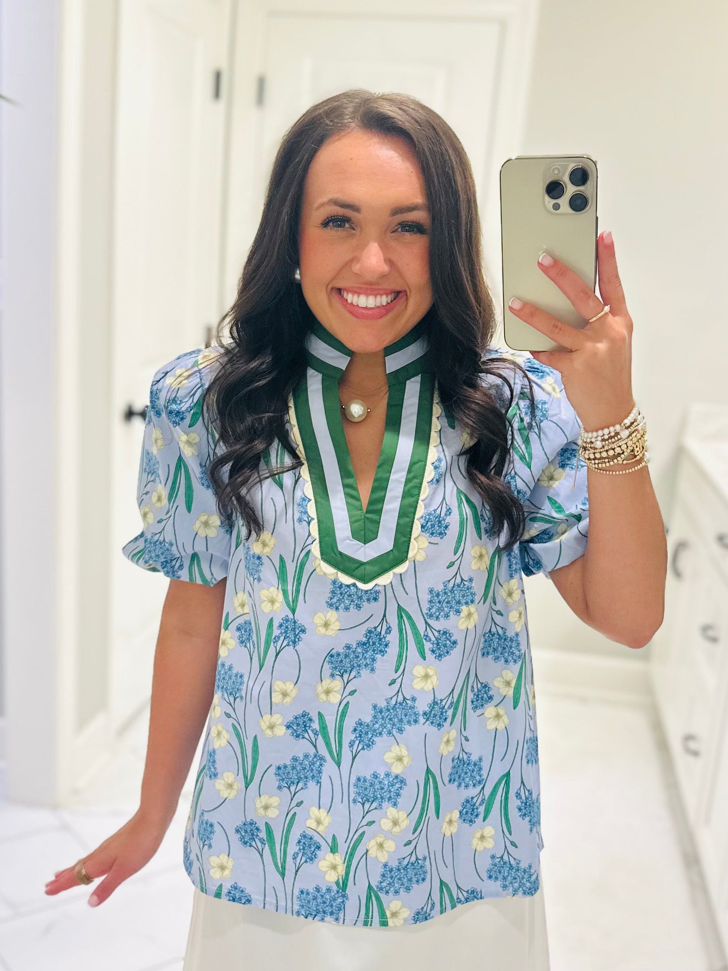 The Poppy Blue Floral Scallop Trim Top