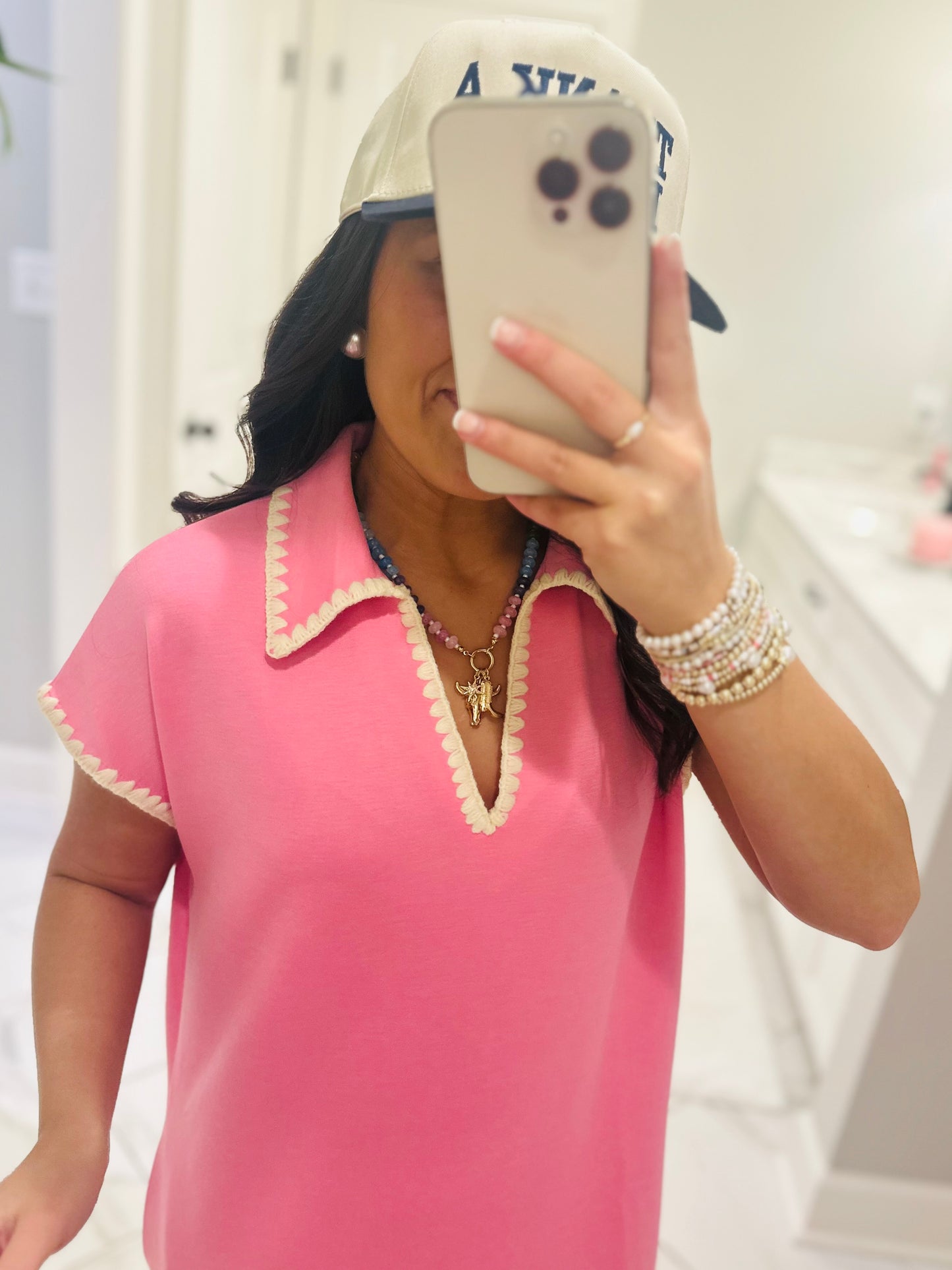 The Sarah Pink Collared Stitch Midi Dress