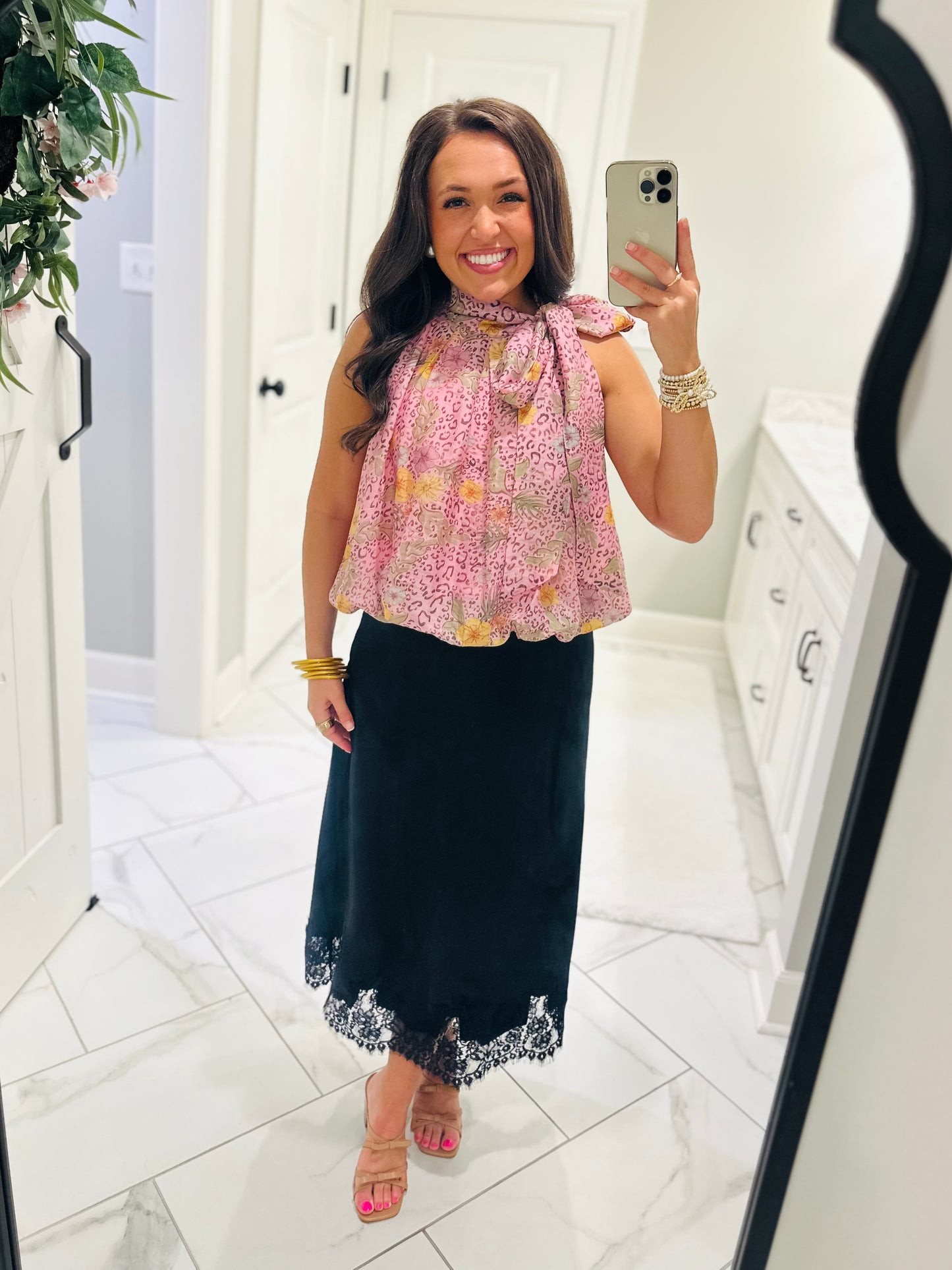 The Dallas Black Satin Lace Midi Skirt