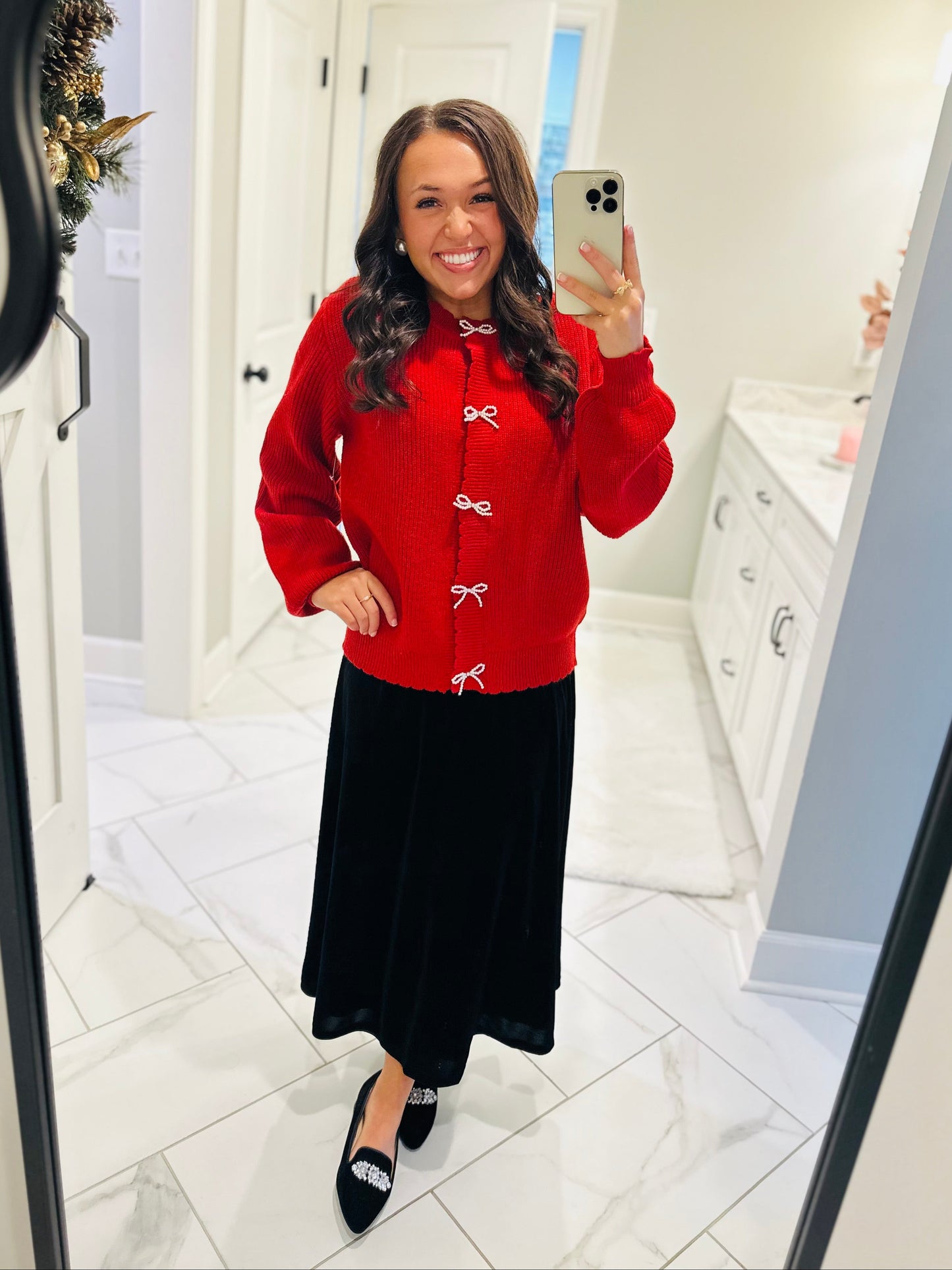 The Gloria Red Knit Bow Cardigan