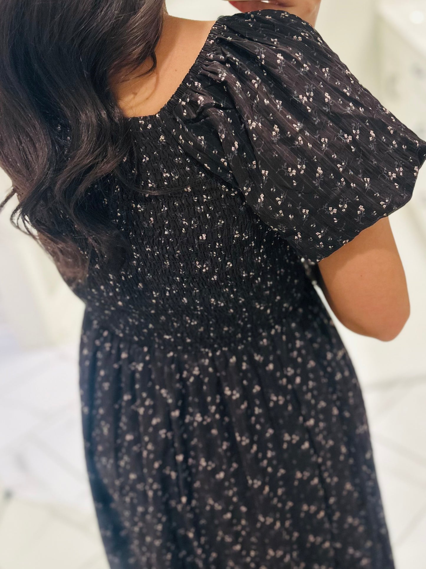 The Miley Dark Brown Ditsy Floral Smocked Maxi Dress