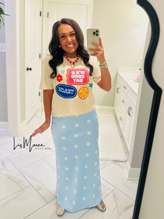 The Lt. Blue Polka Dot Satin Maxi Skirt