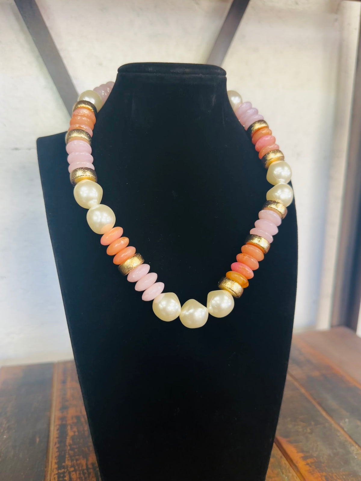 Peach + Gold Pearl Bead Necklace