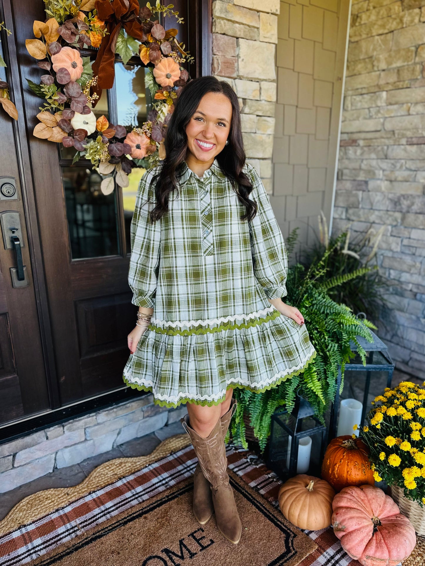 The Gale Olive Green Plaid Dress