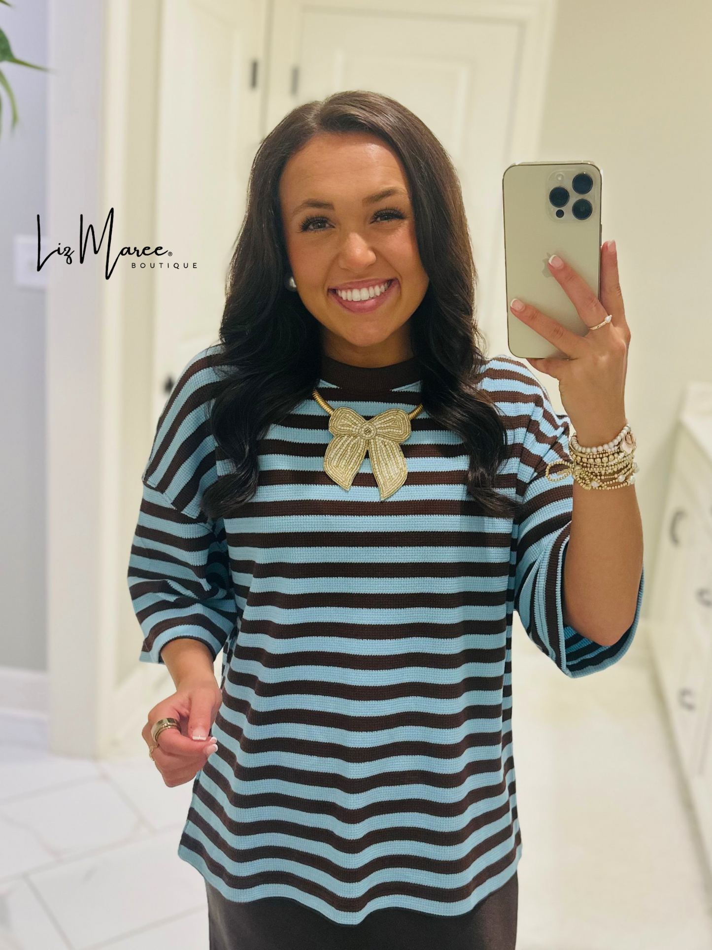 The Everly Blue + Brown Striped Knit Top