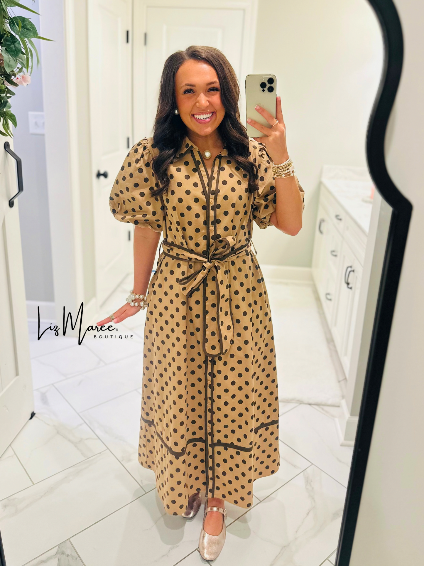 The Tatum Taupe Polka Dot Midi Dress