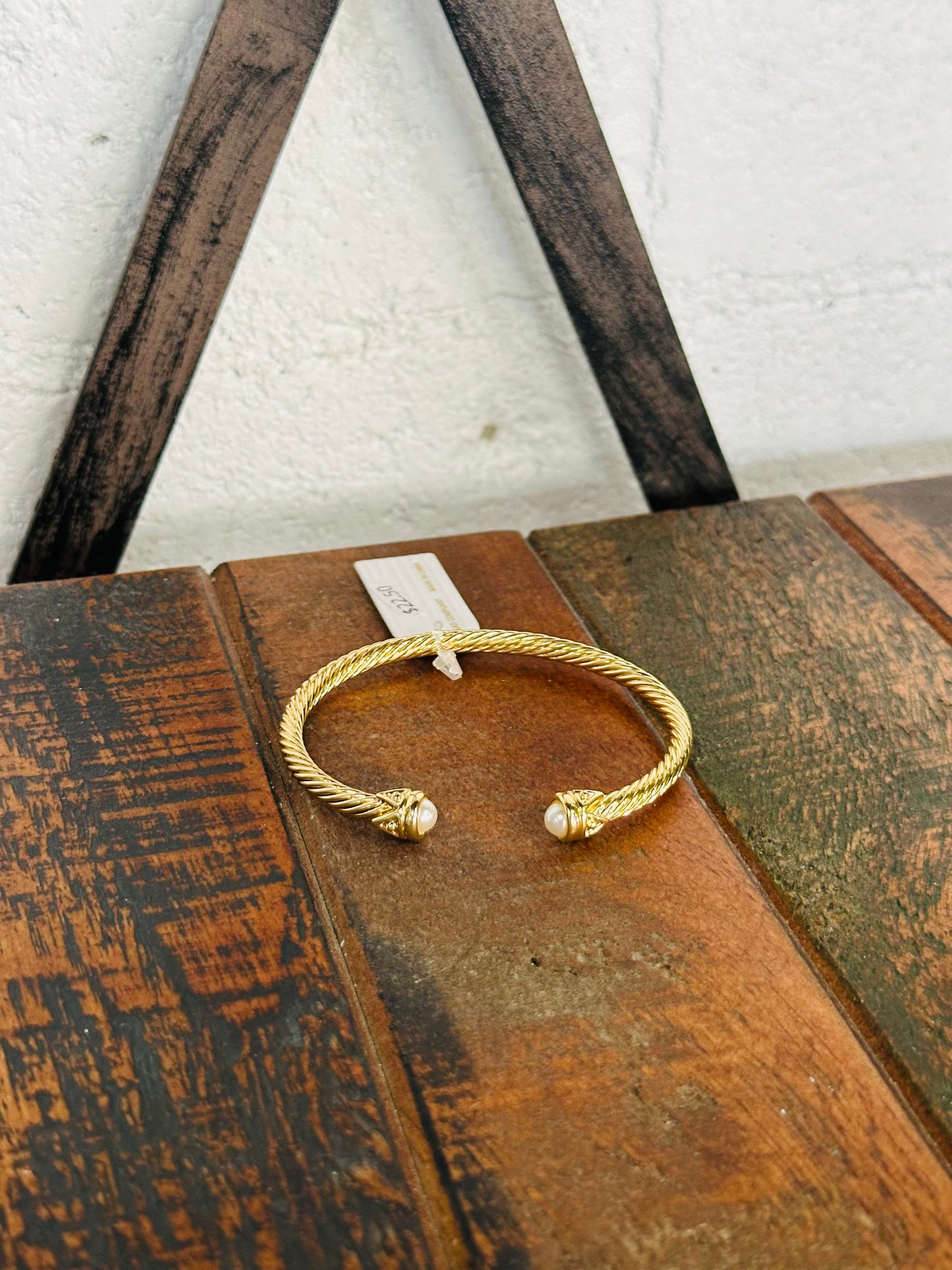 Gold Pearl End Cable Cuff Bracelet