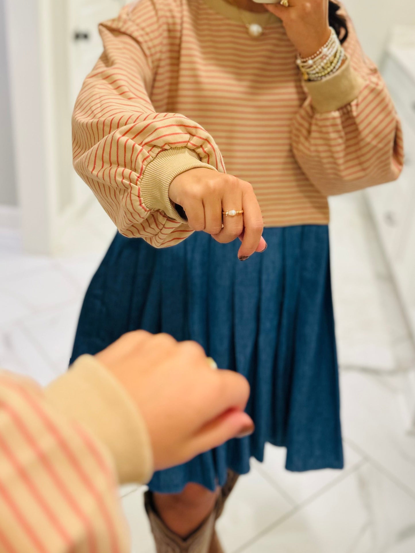 The Ella Long Sleeve Pleated Dress - Taupe / Denim