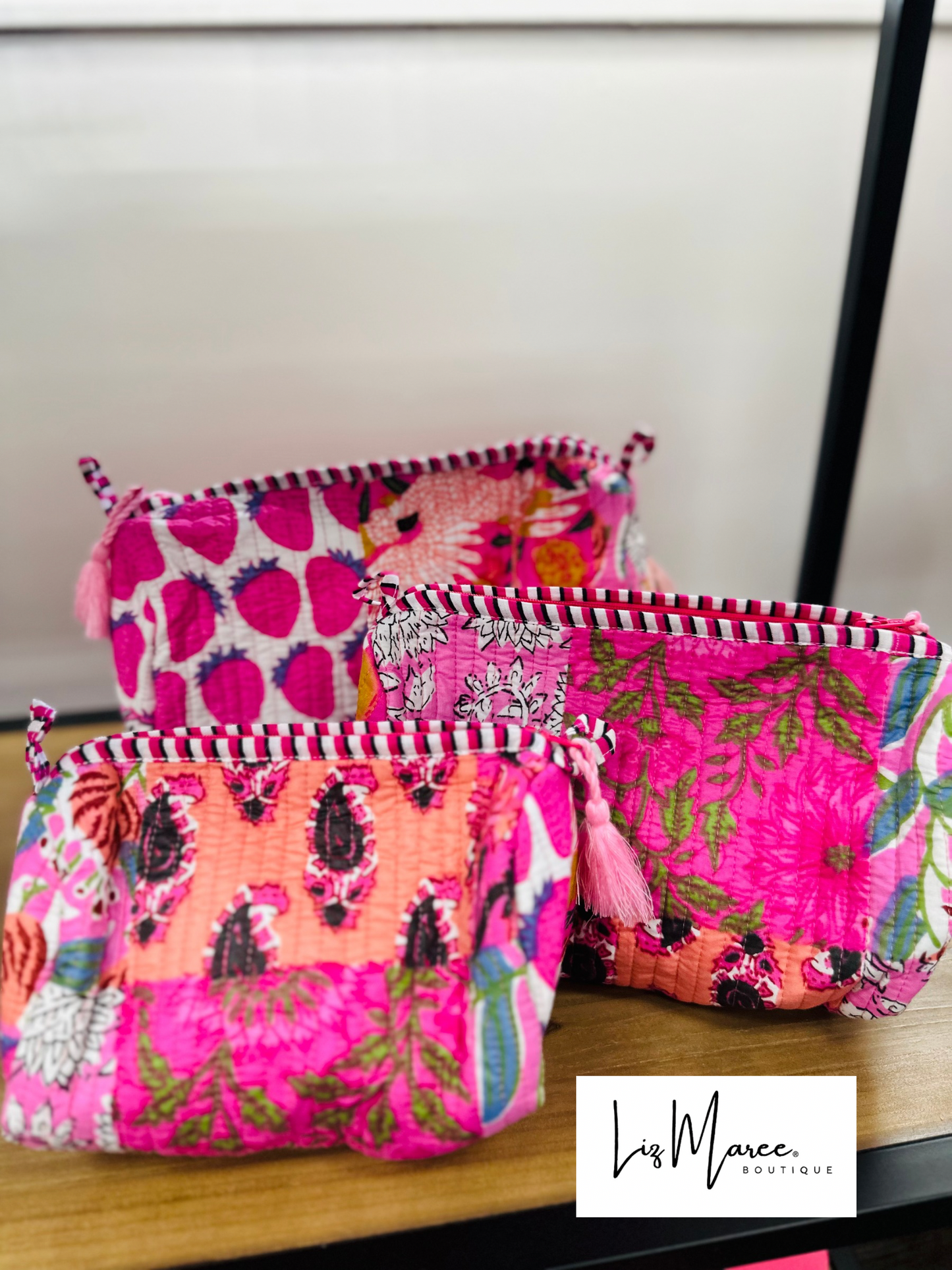 The Rose Pink Patchwork Quilted Cosmetic Bags - Set of 3