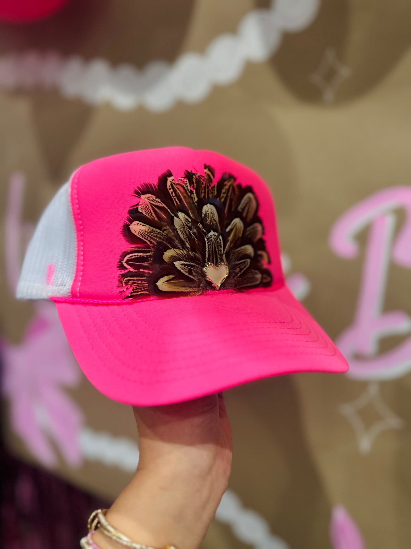 Neon Pink Feather + Heart Trucker Hat