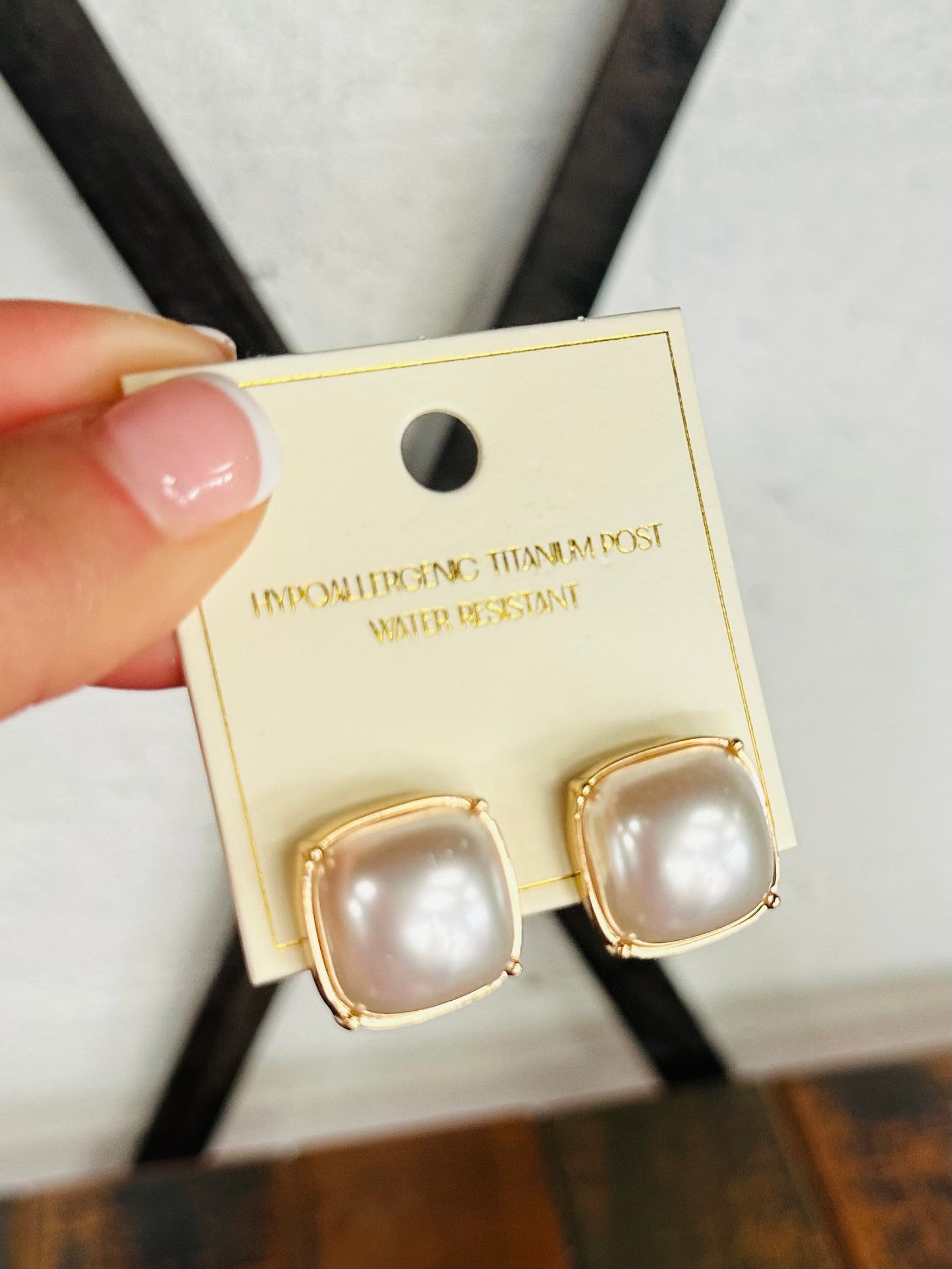 Cream Pearl Stone Square Stud Earring