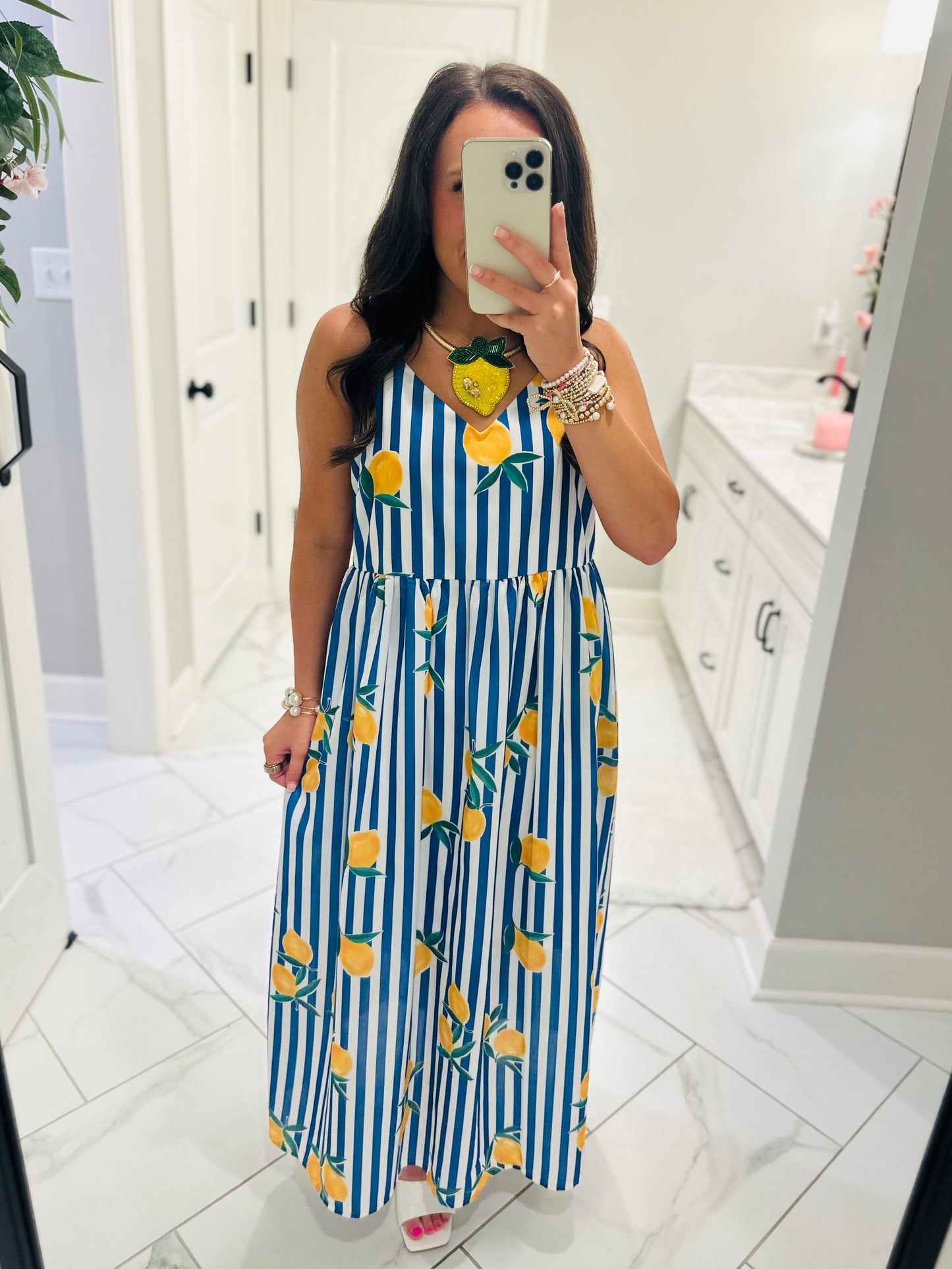The Cass Blue Striped Lemon Midi Dress