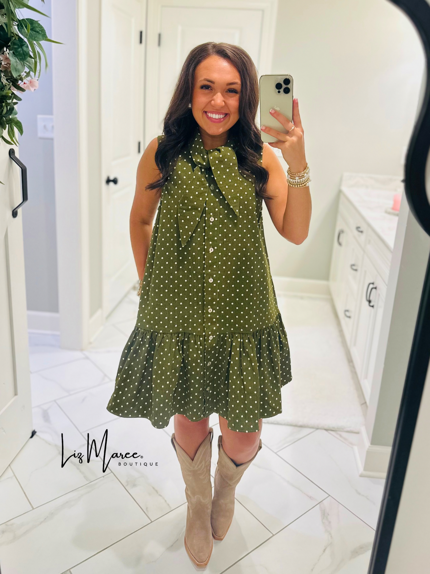 The Stella Olive Green Polka Dot Denim Dress
