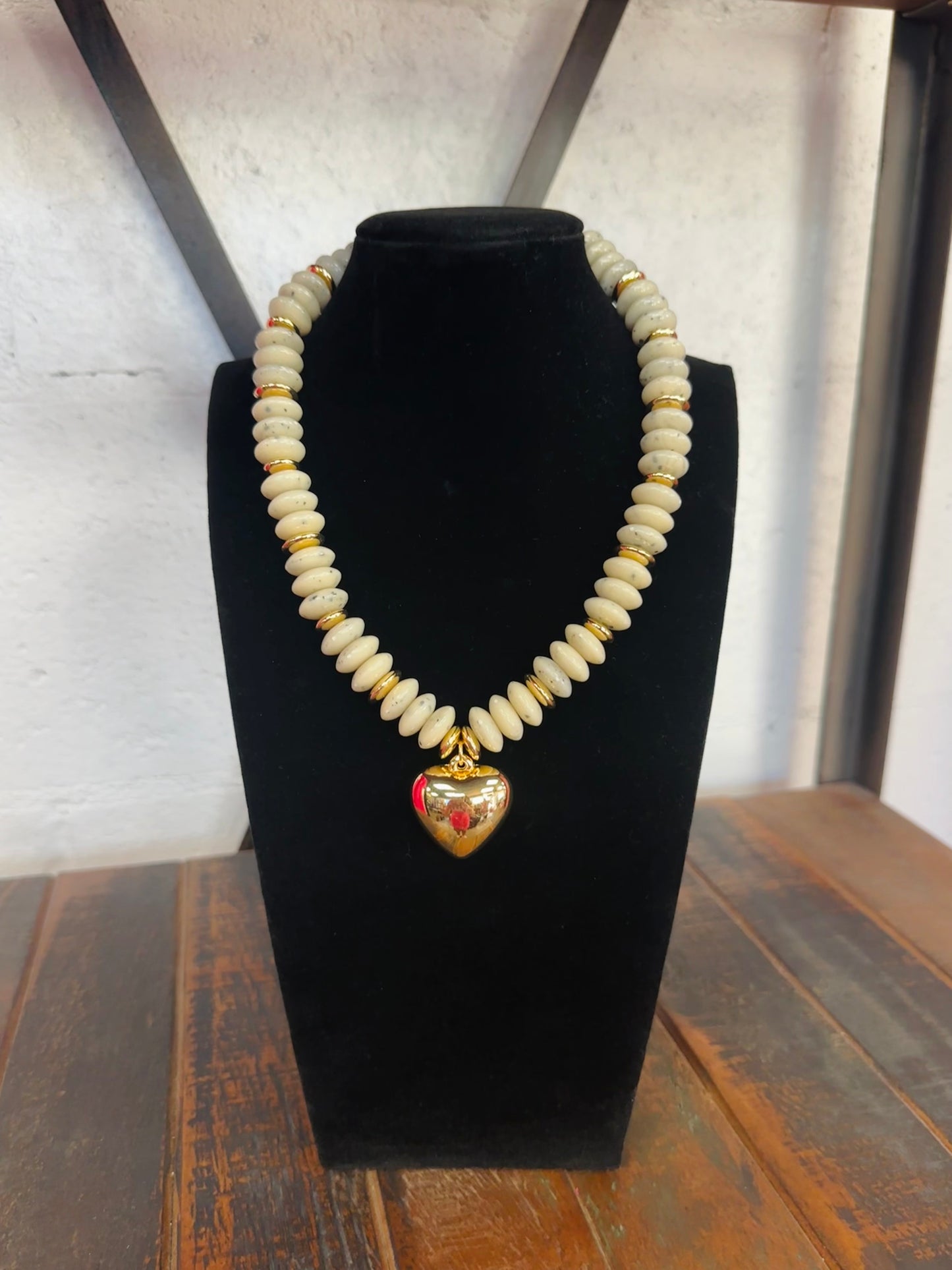 Beige + Gold Wide Bead Puffy Heart Necklace