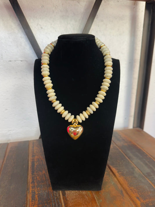 Beige + Gold Wide Bead Puffy Heart Necklace