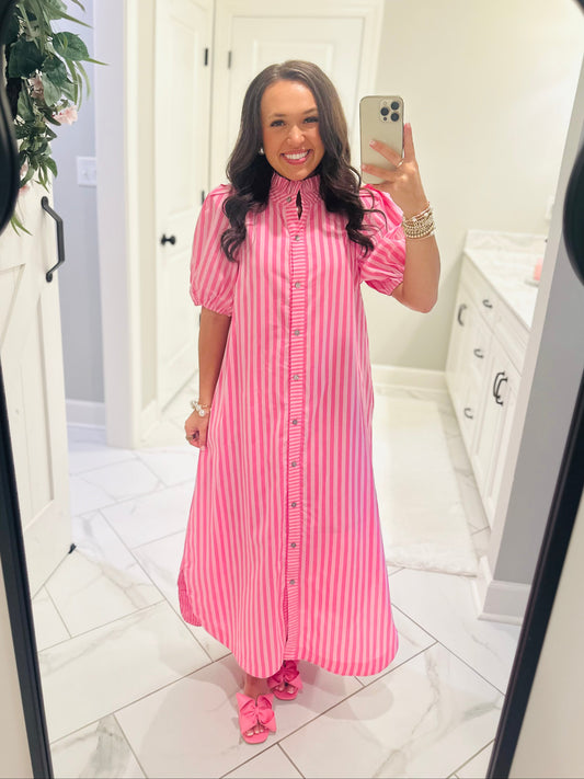 The Quinn Pink Striped Midi Dress