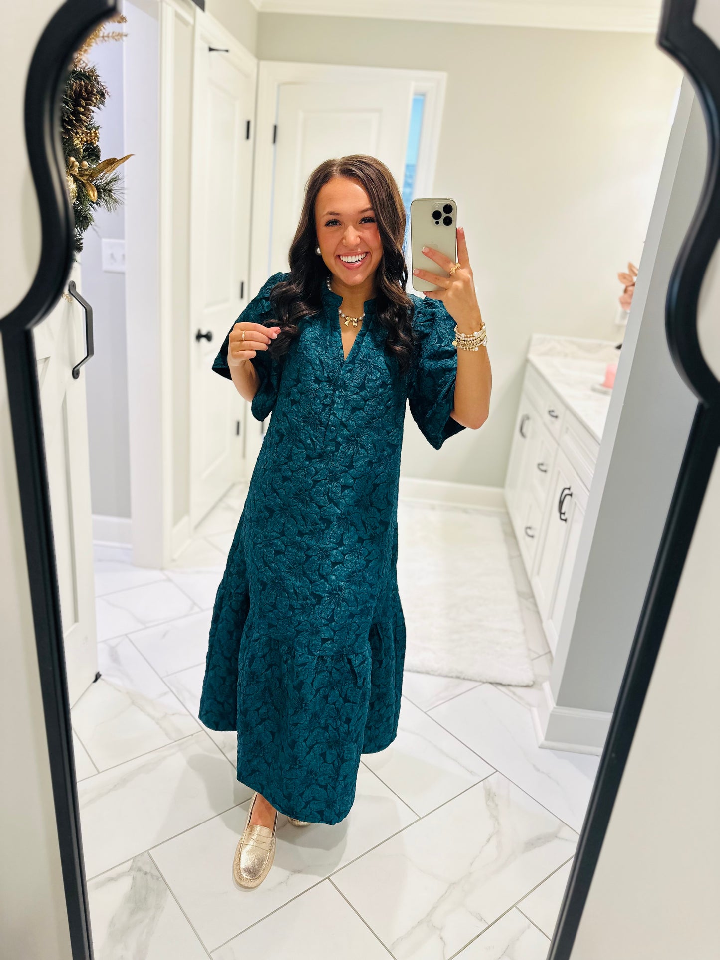 The Ada Emerald Jacquard Floral Midi Dress