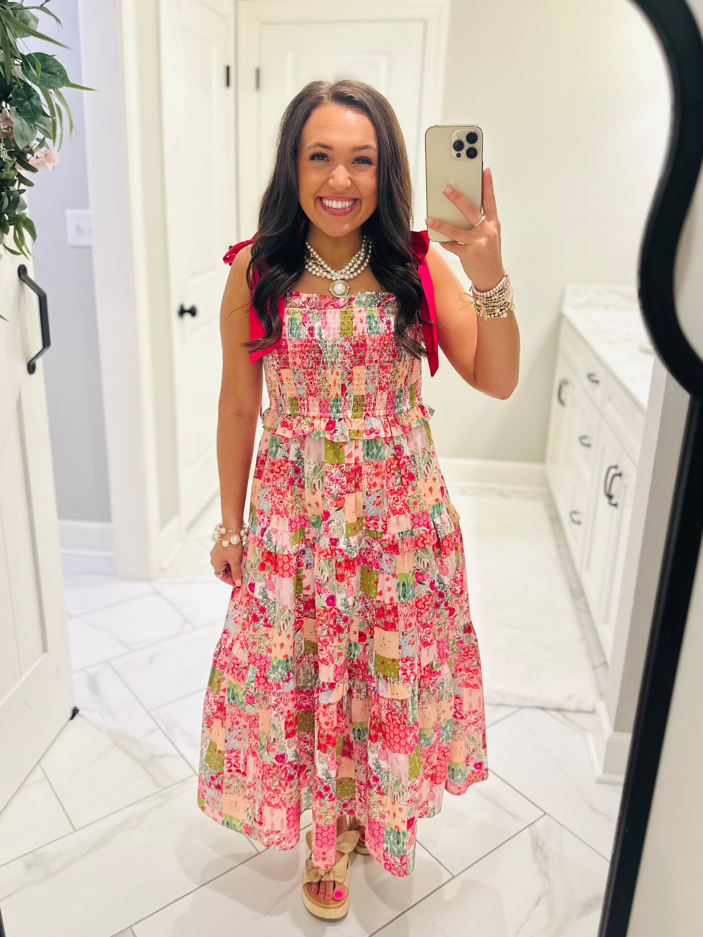 The Lillie Pink Multicolor Patchwork Midi Dress
