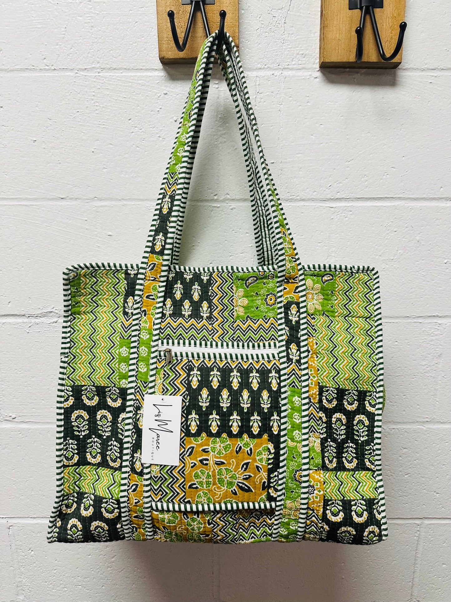 The Green + Black Multi Pattern Quilted Tote Bag