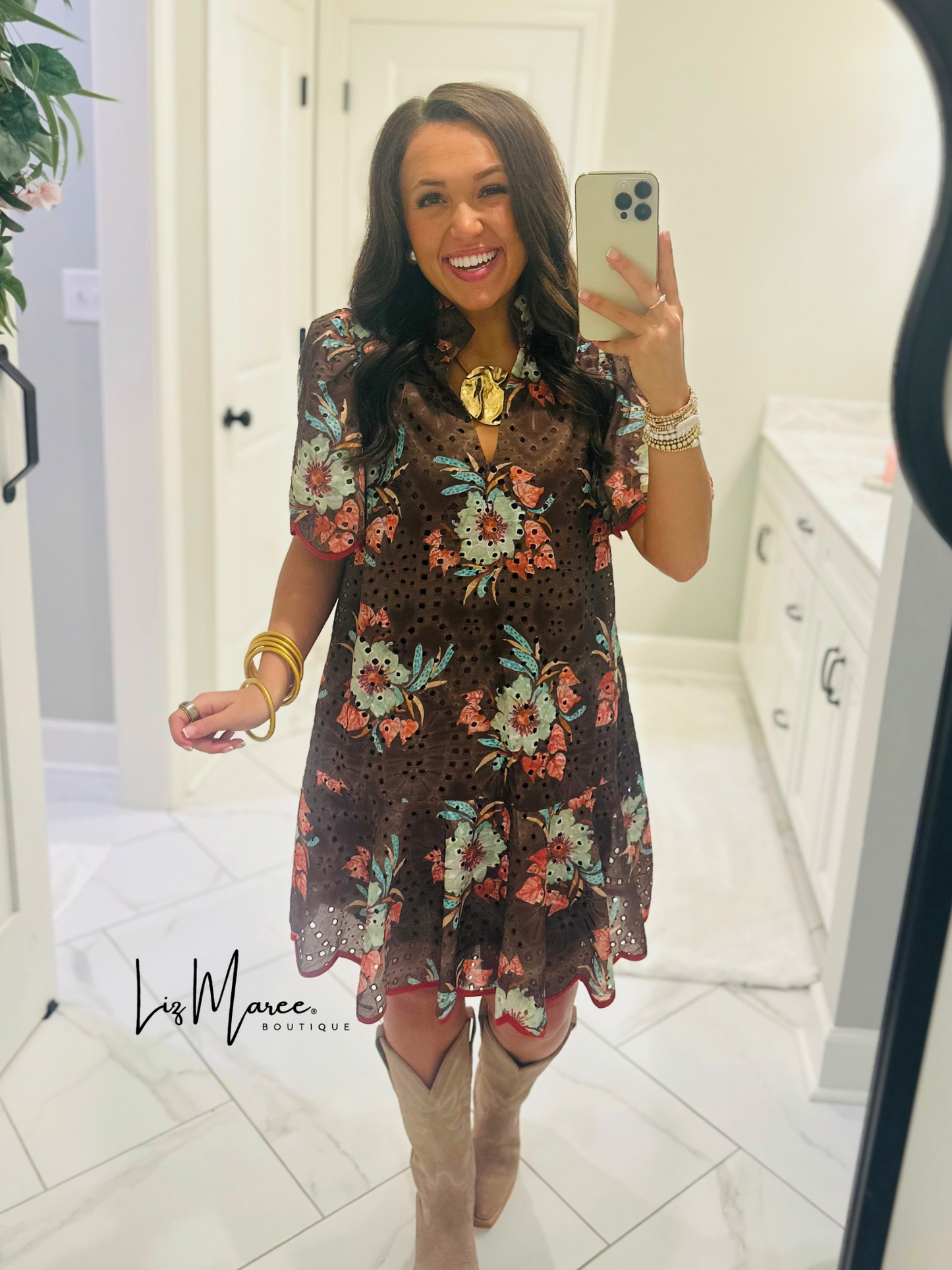 The Brinley Brown Floral Eyelet Scallop Dress
