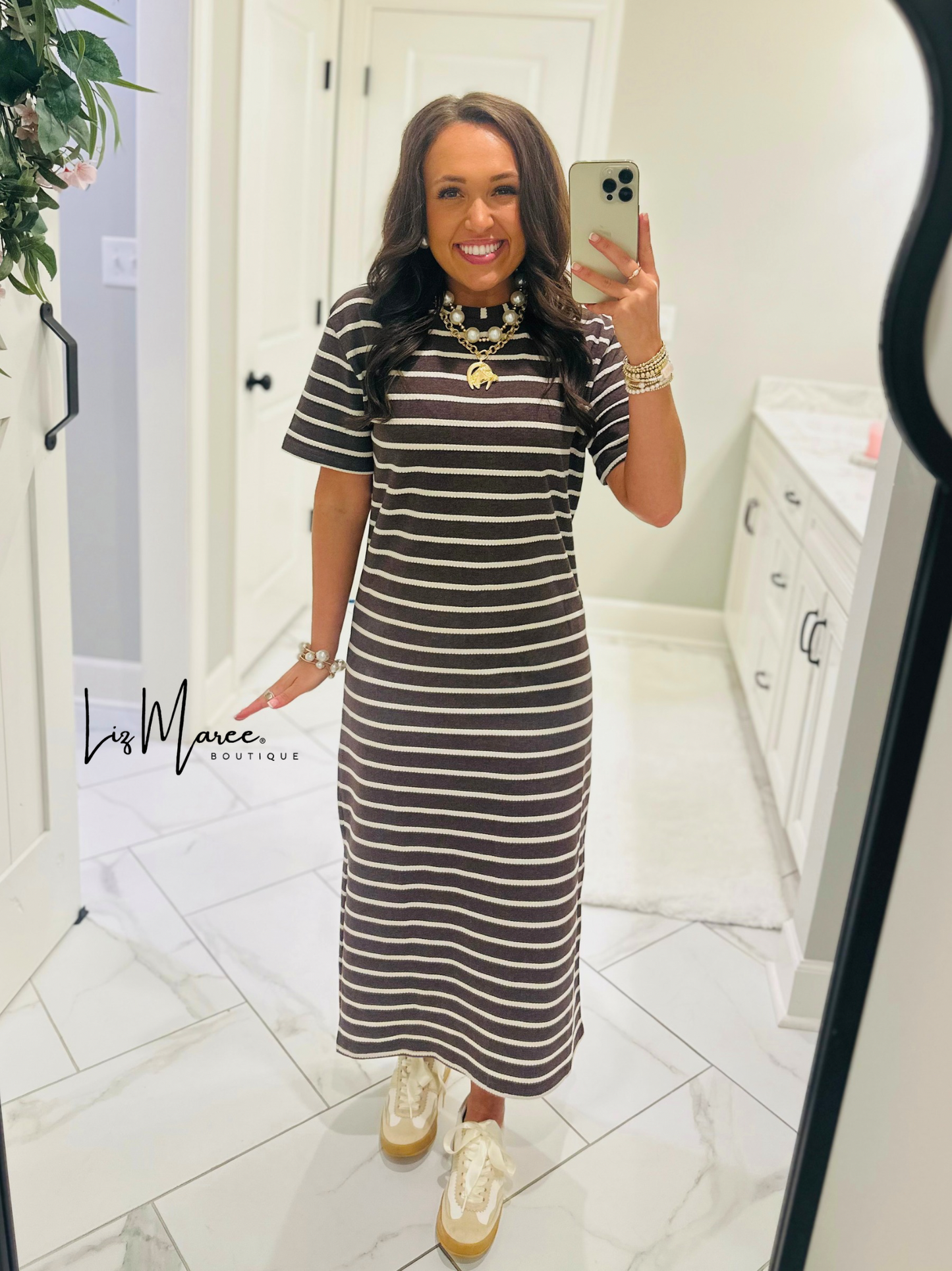 The Abigail Heathered Cocoa Striped Midi Dress