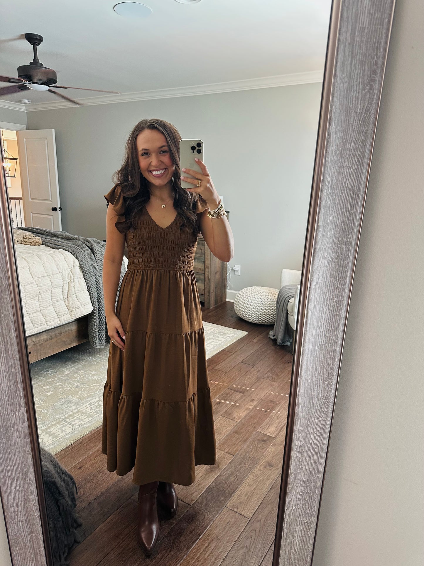 The Maple Copper Brown Flutter Sleeve Smocked Midi Dress