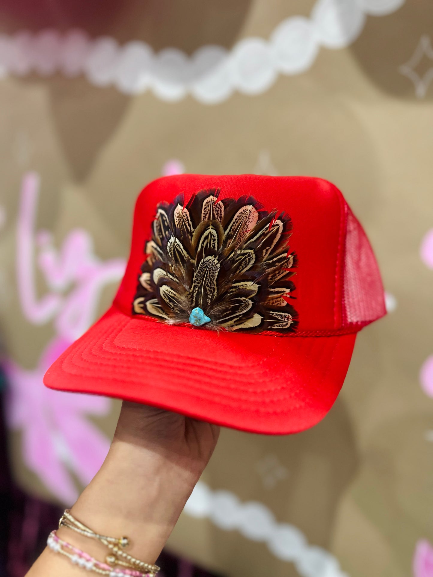 Red Feather + Turquoise Stone Trucker Hat