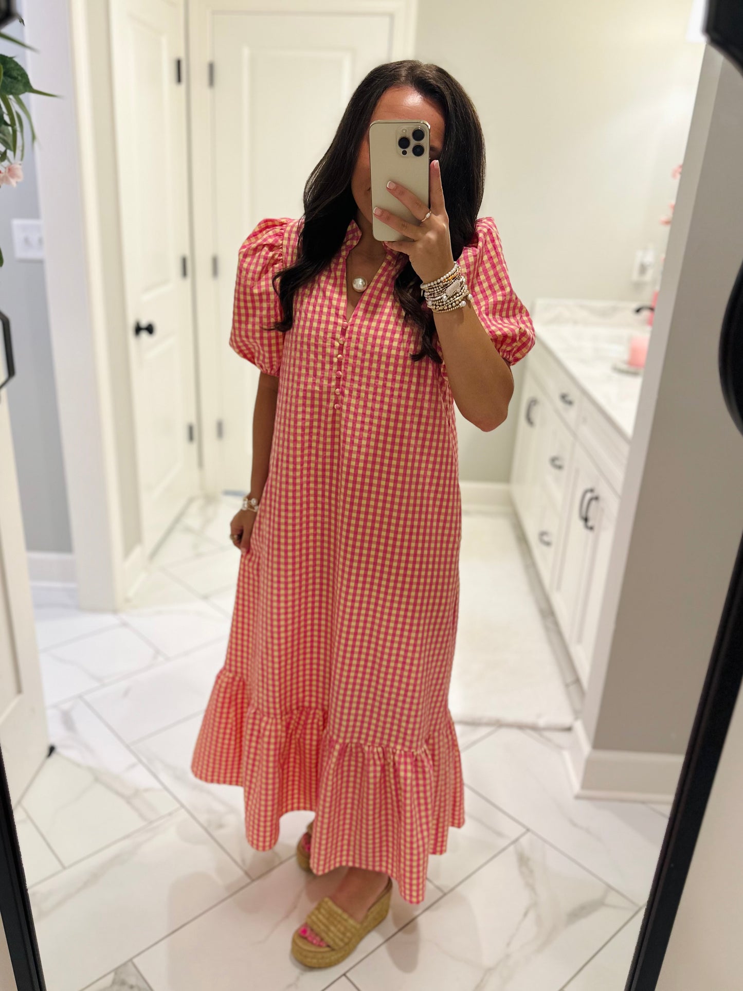 The Emilee Pink + Yellow Gingham Midi Dress