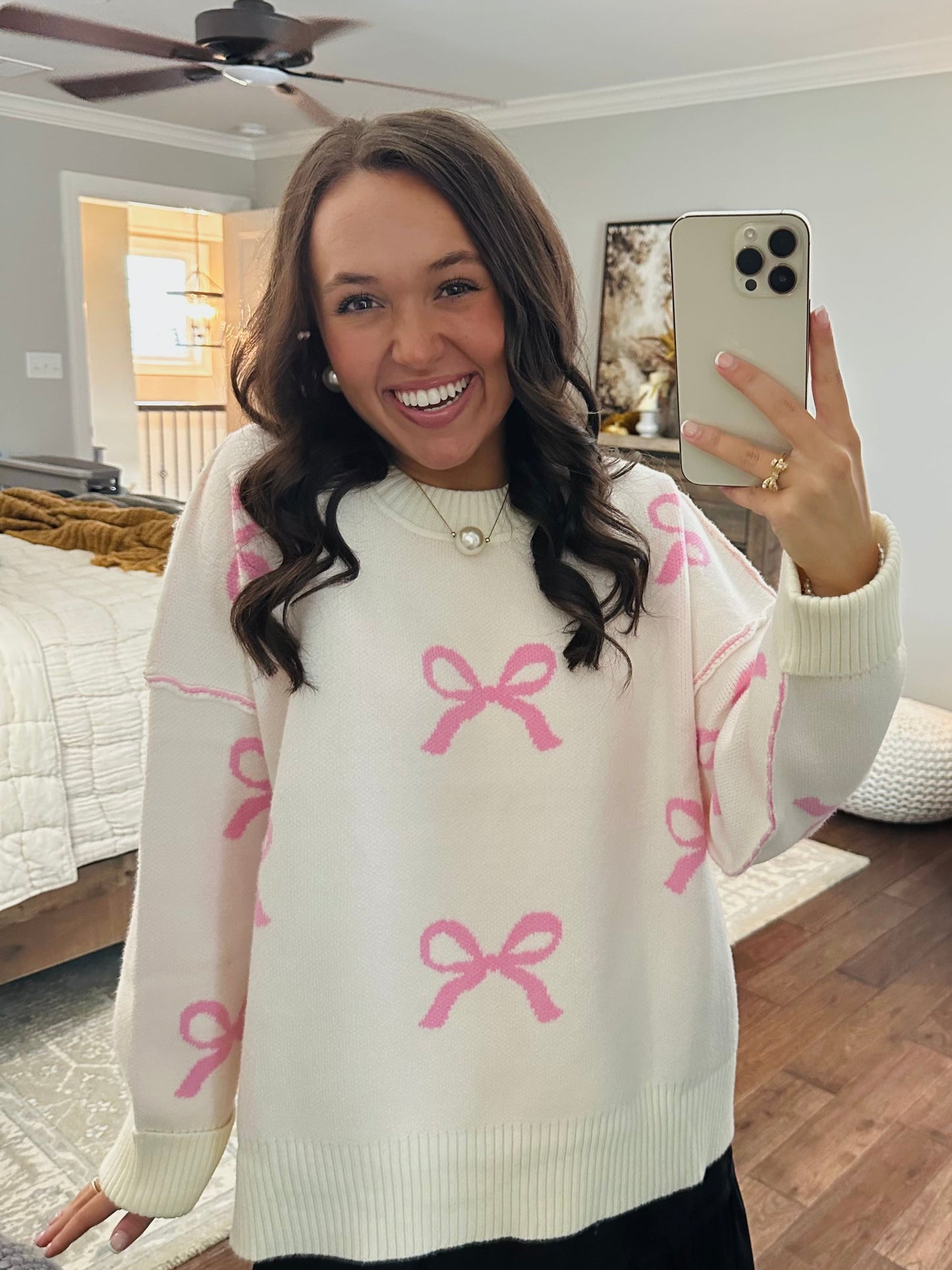 The Grace Pink + Cream Bow Sweater