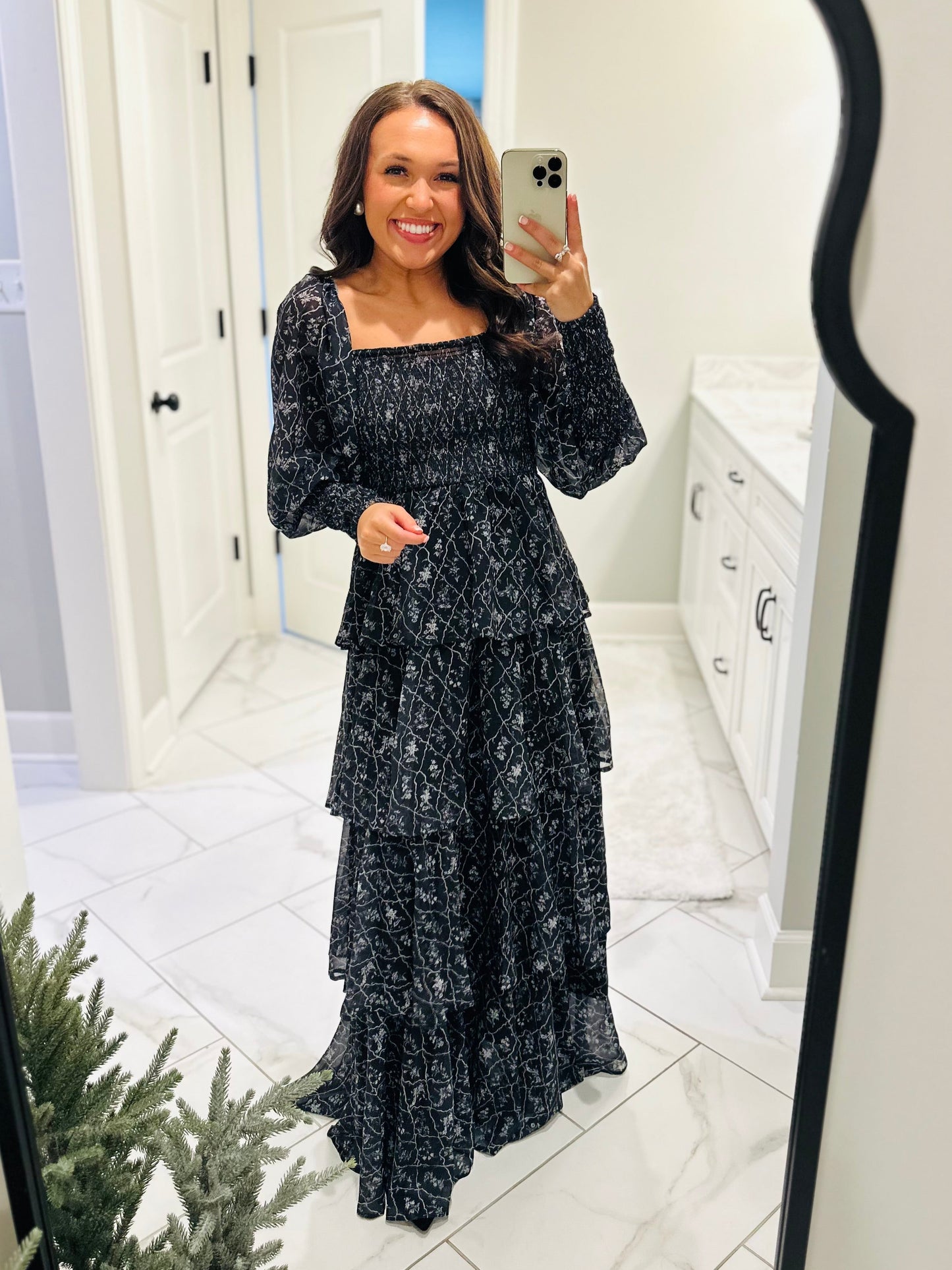 The Mae Black Ruffle Tiered Long Sleeve Maxi Dress