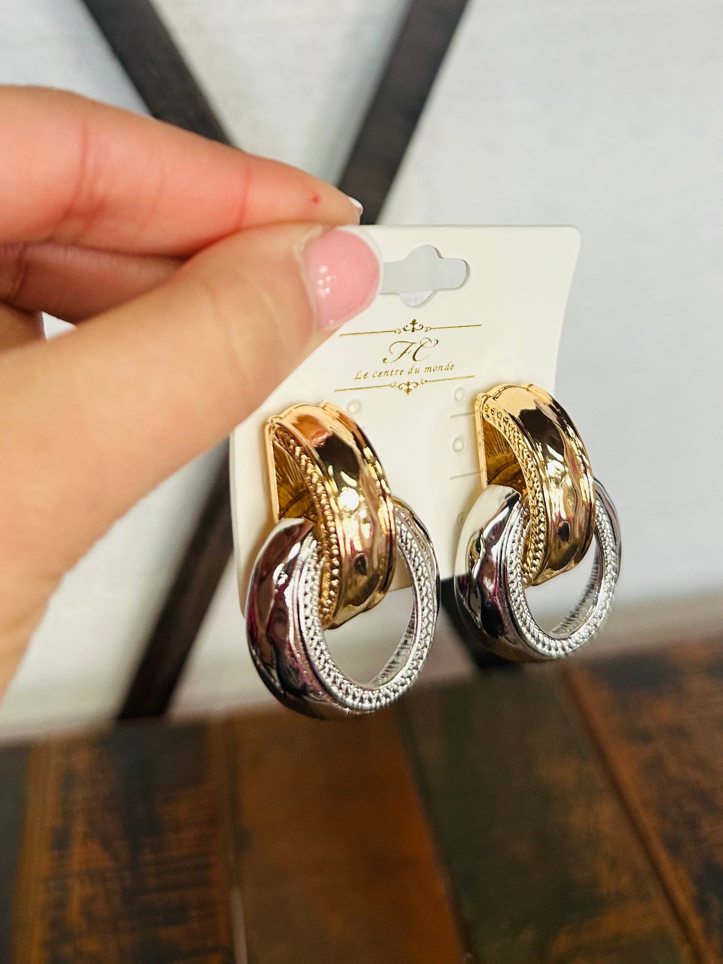 Two Tone Textured Dangle Earring