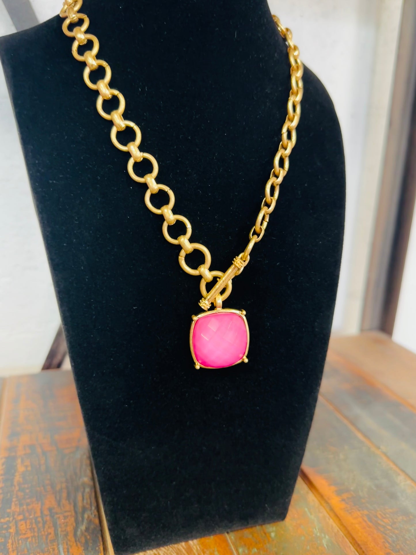 Pink Square Stone Pendant Necklace