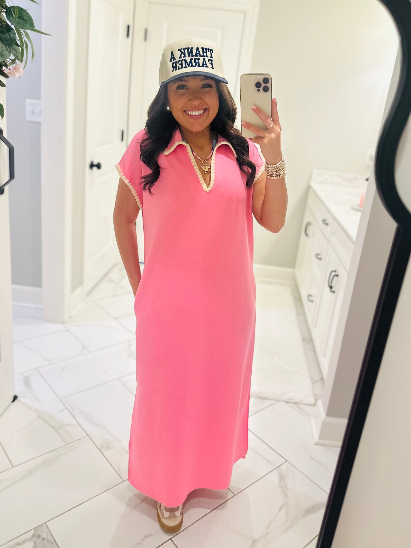 The Sarah Pink Collared Stitch Midi Dress