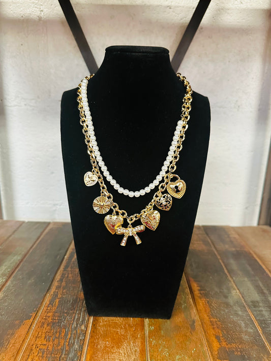 Pearl & Bow Gold Charm Necklace