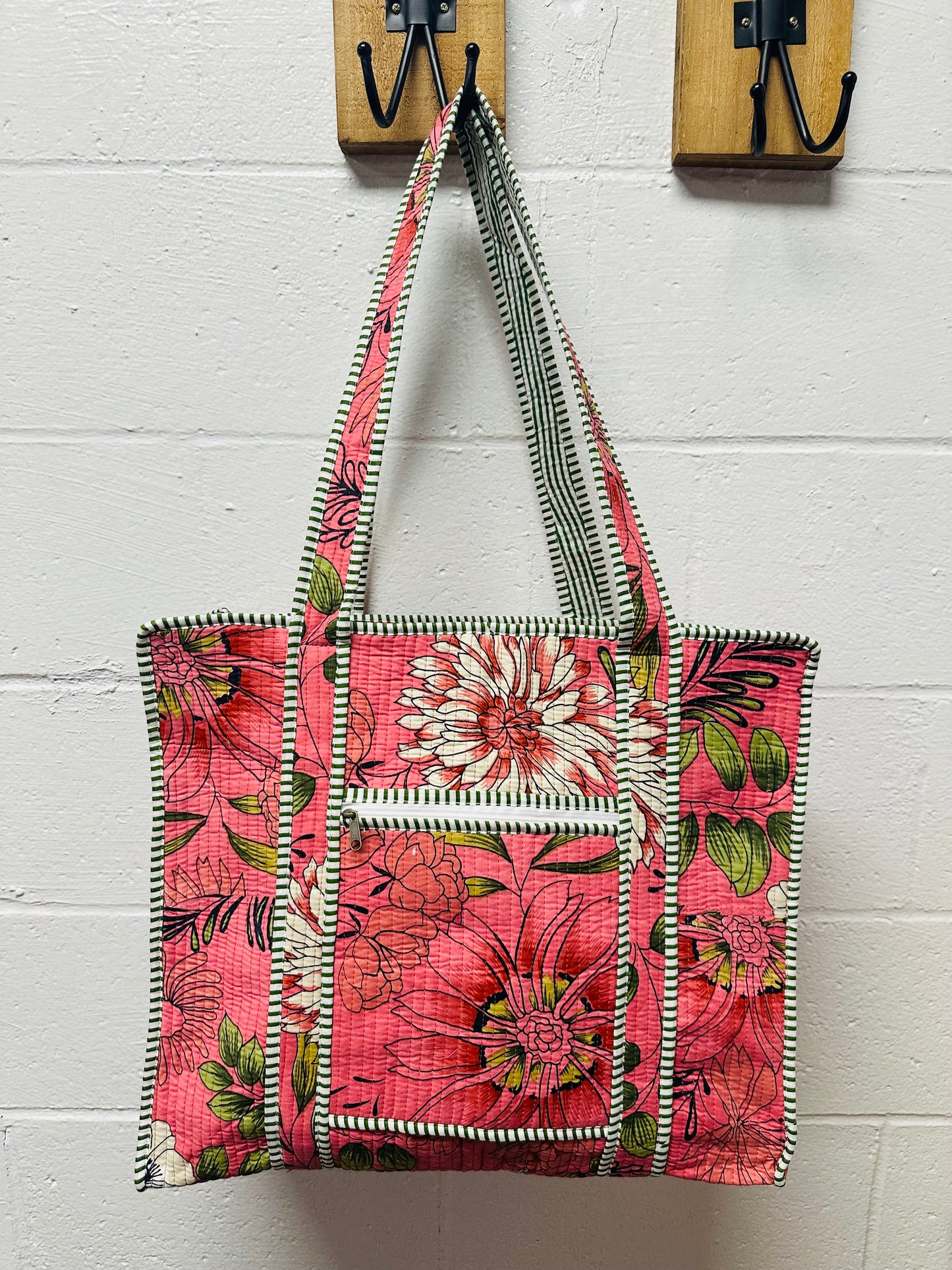 The Coral Pink Flower Power Quilted Tote Bag