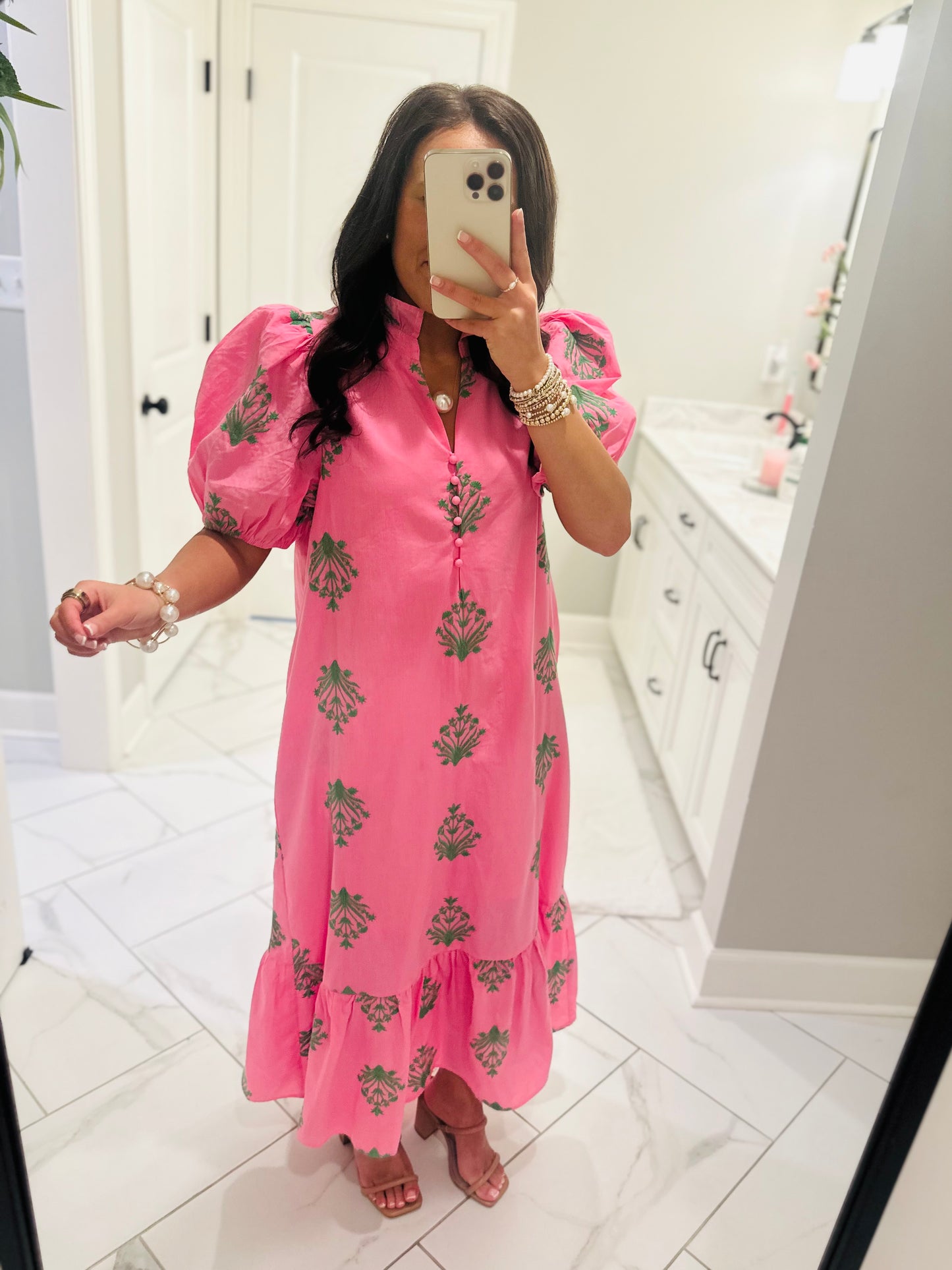 The Nola Pink + Green Botanical Embroidered Midi Dress
