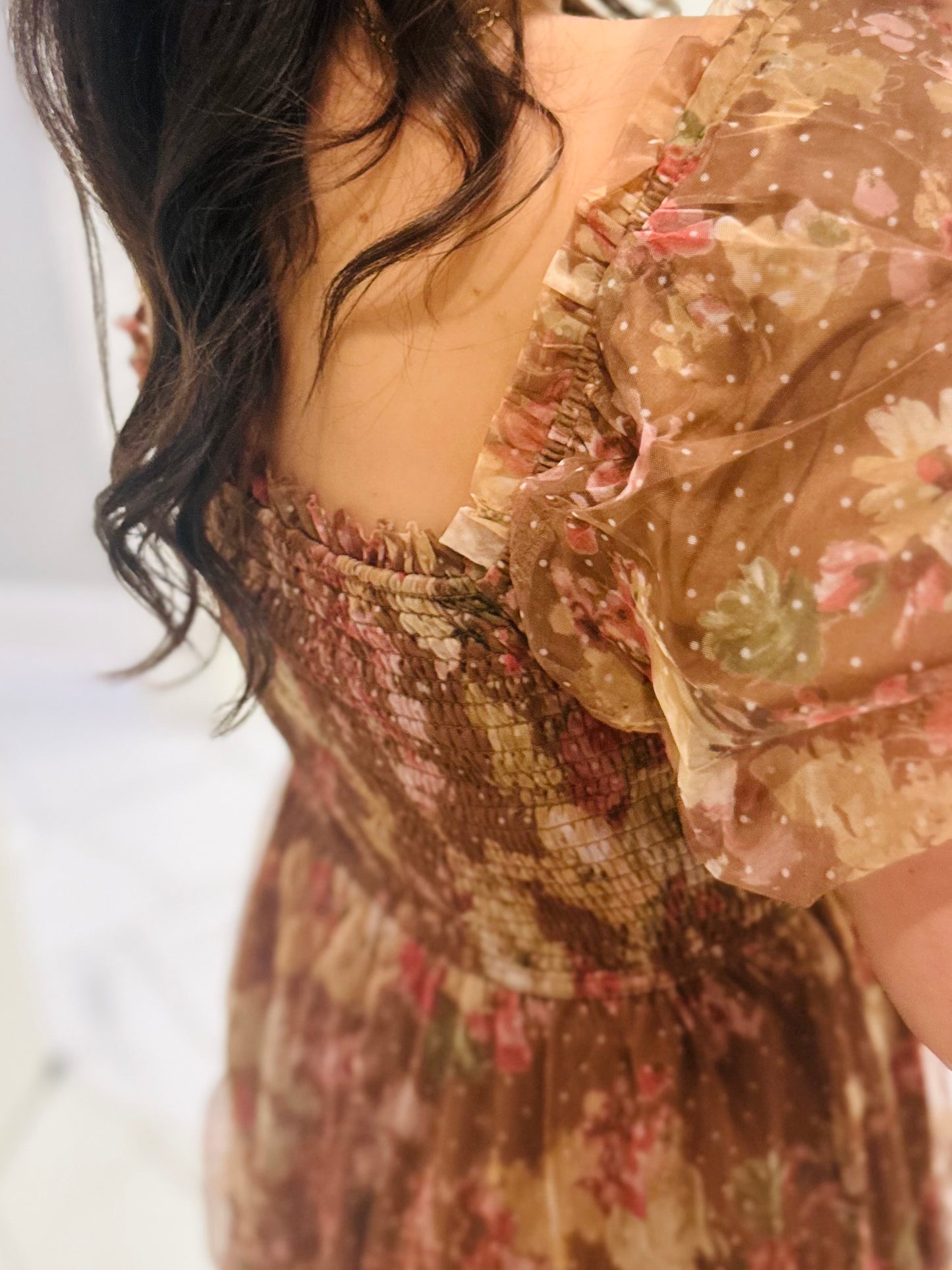 The Halston Light Brown Floral Polka Dot Midi Dress