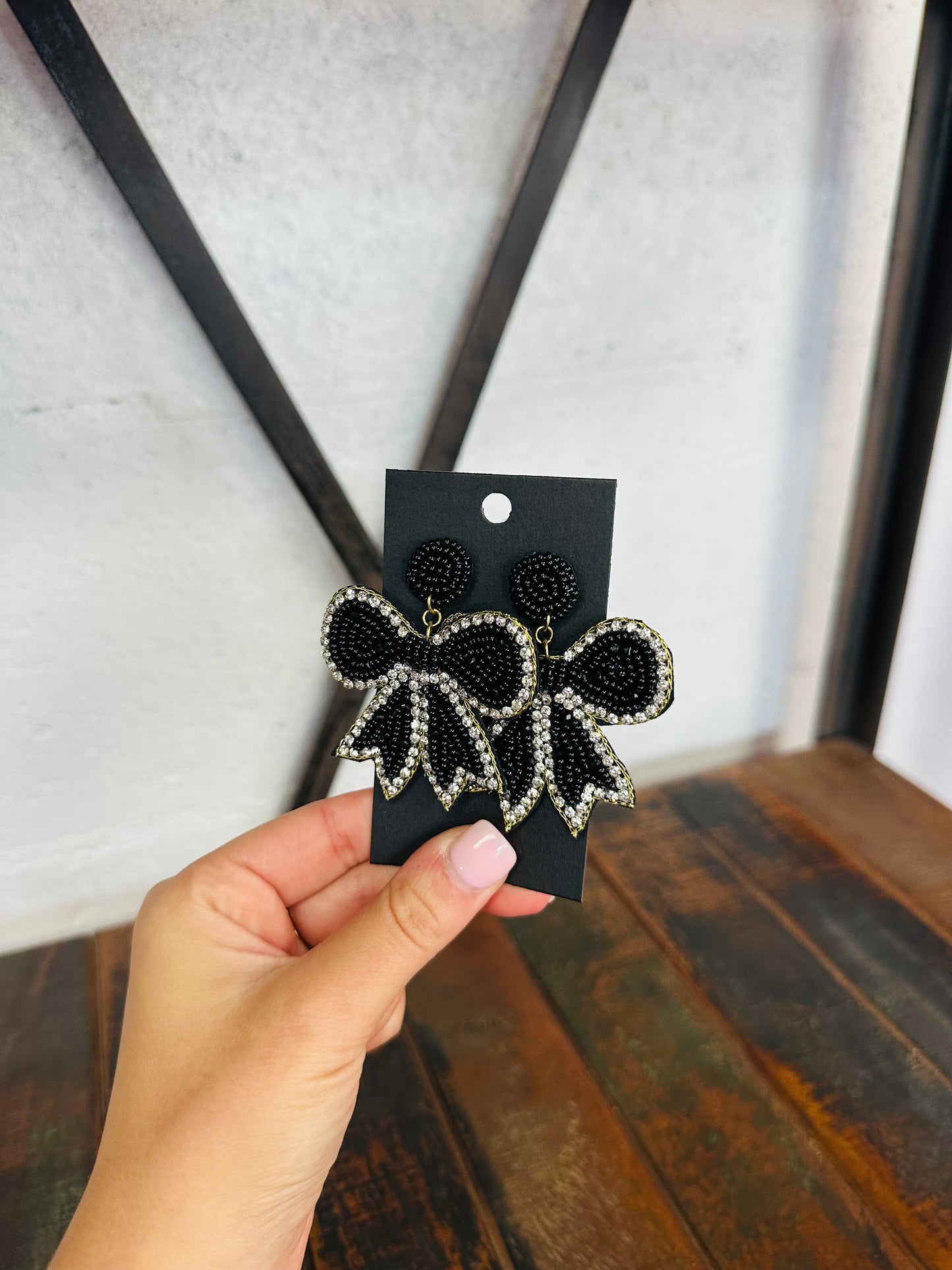Black Beaded Bow Earring