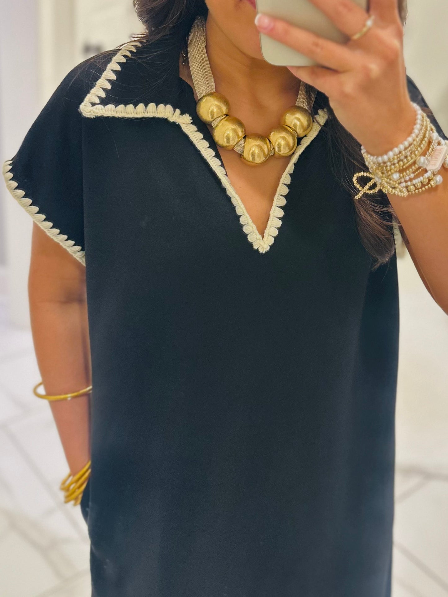 The Sarah Black Collared Stitch Midi Dress
