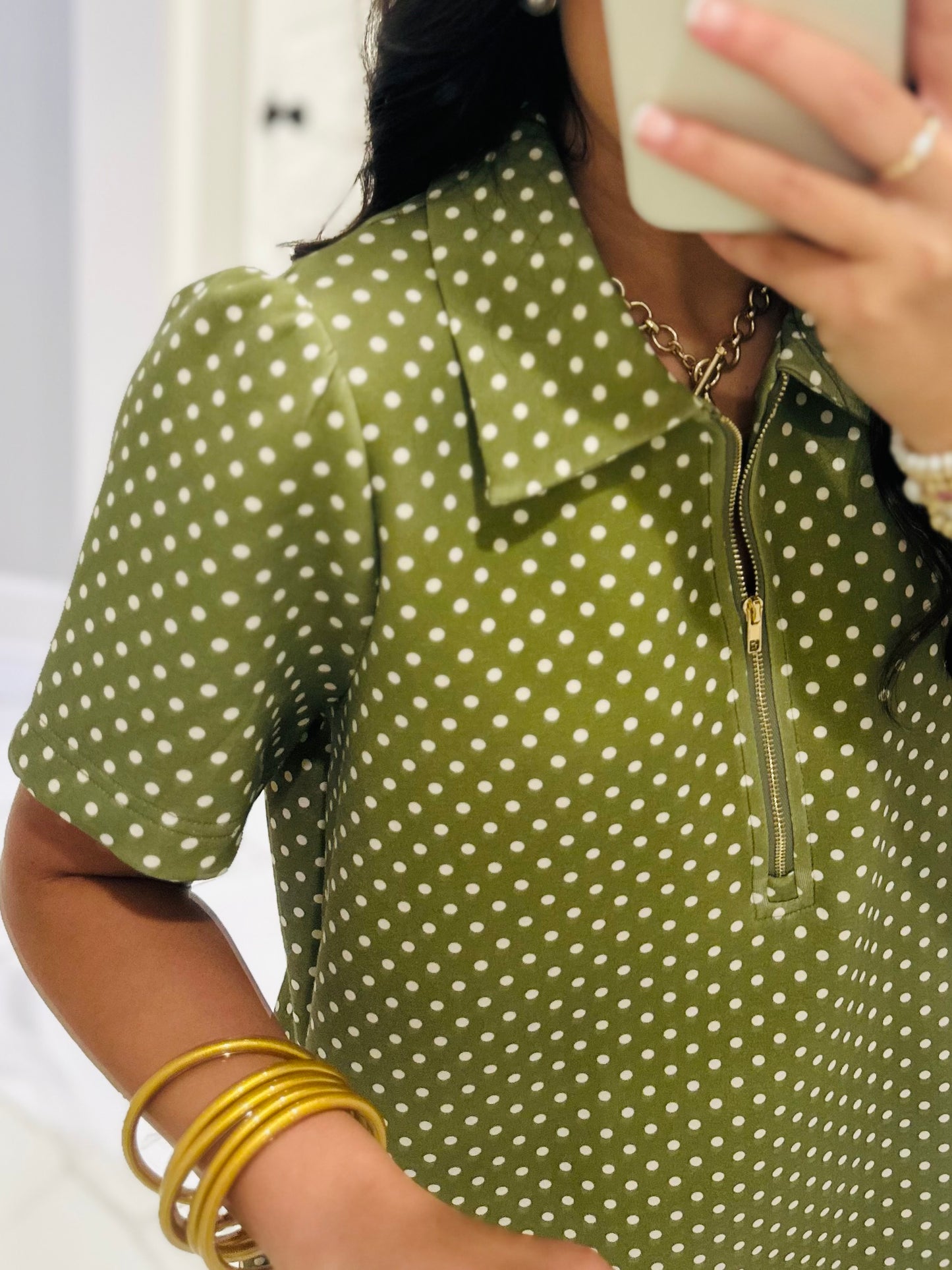 The Hadley Olive Green Polka Dot Quarter Zip Dress