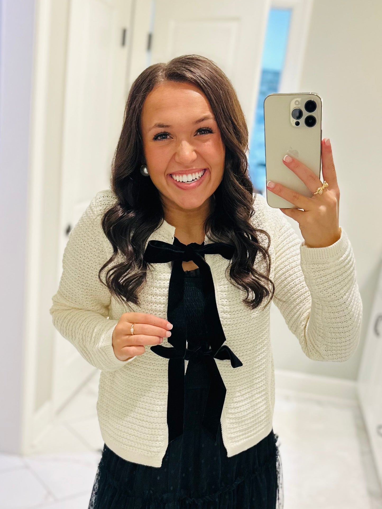 The Sofia Cream + Black Velvet Bow Cardigan