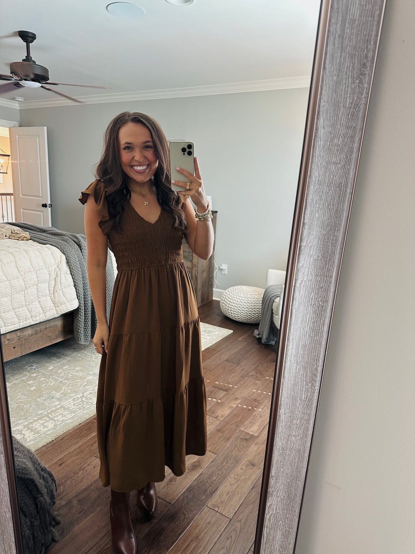 The Maple Copper Brown Flutter Sleeve Smocked Midi Dress